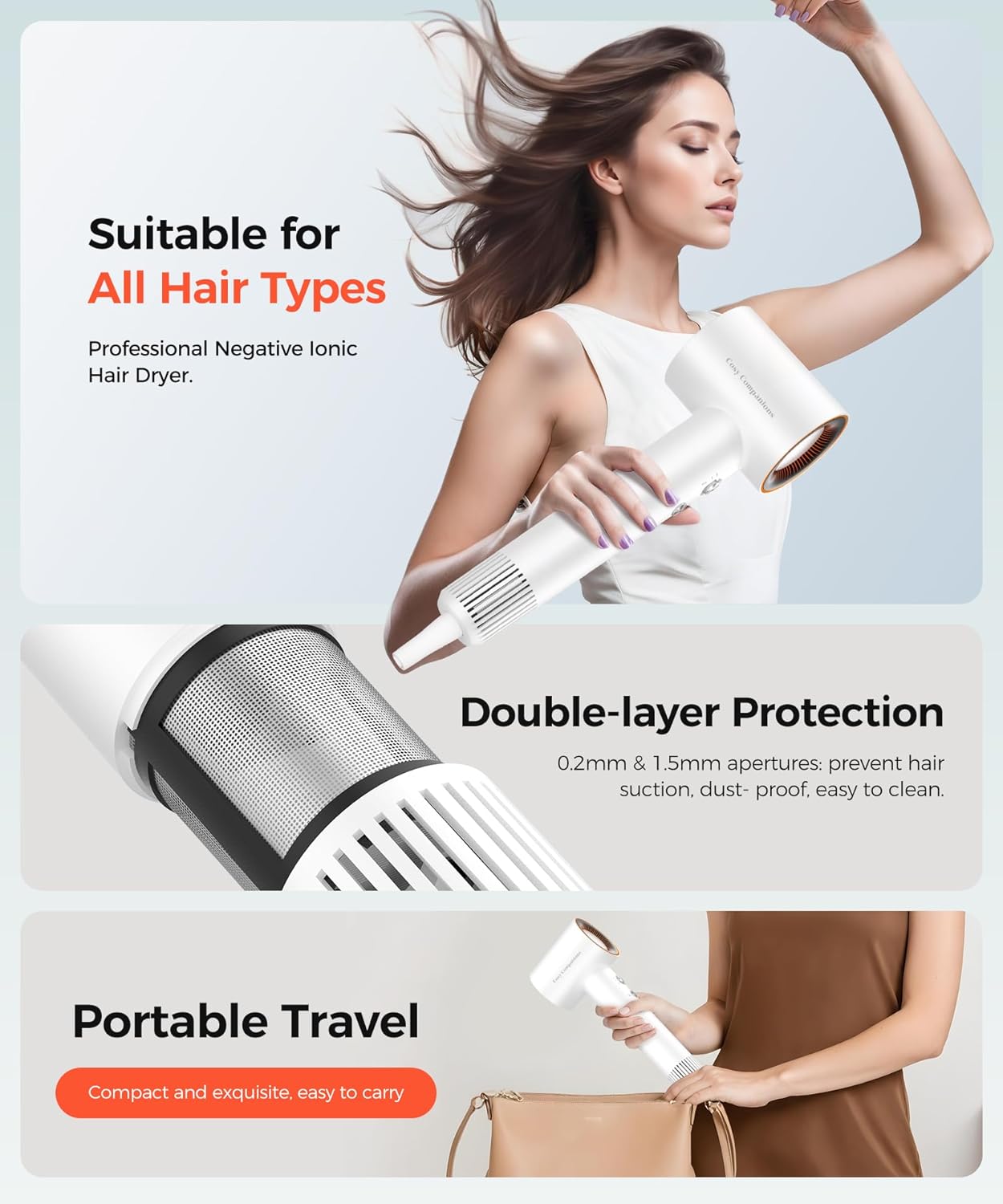 Hair Dryer, 150000 RPM High-Speed Blow Dryer with 500Million Negative Ions for Fast Drying, Lightweight & Thermo-Control, Hair Dryer with Diffuser and Nozzle, Ideal for Salon & Travel, White - Image 8