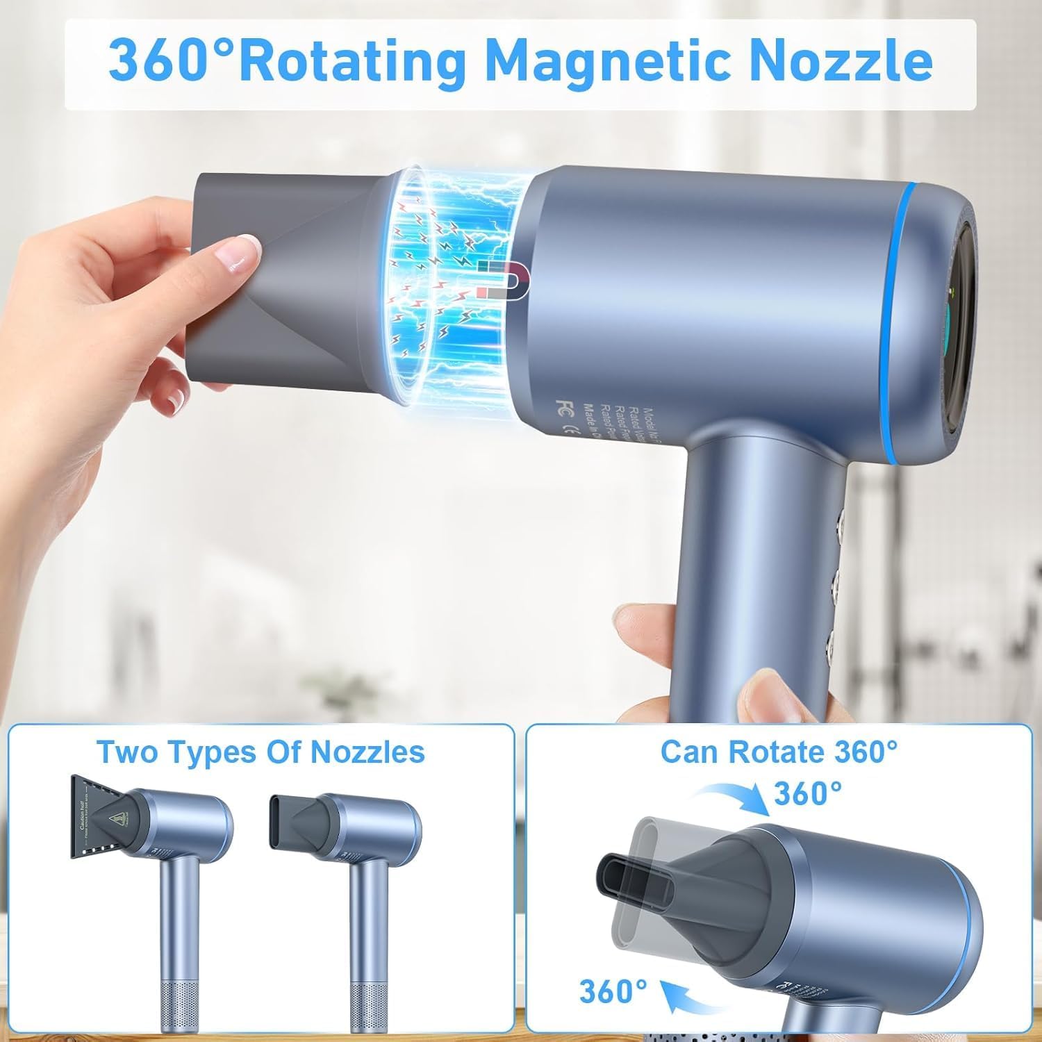 Hair Dryer, 150000 RPM High-Speed Brushless Motor Negative Ionic Hair Dryer for Fast Drying, Blow Dryer with LCD Display, 4 Temps & 3 Speeds and 2 Magnetic Nozzle Hairdryer for Woman Kids Salon - Image 5
