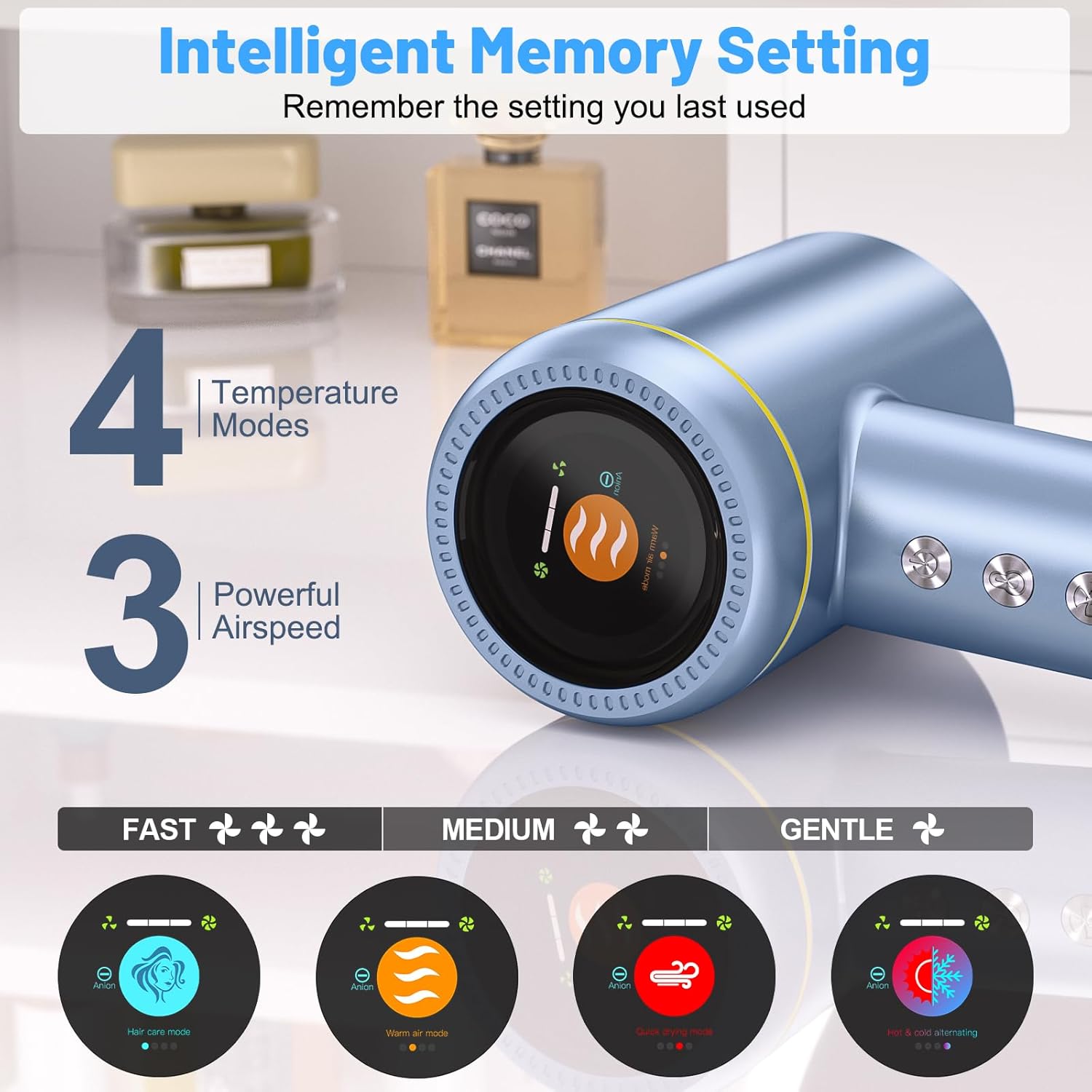 Hair Dryer, 150000 RPM High-Speed Brushless Motor Negative Ionic Hair Dryer for Fast Drying, Blow Dryer with LCD Display, 4 Temps & 3 Speeds and 2 Magnetic Nozzle Hairdryer for Woman Kids Salon - Image 4