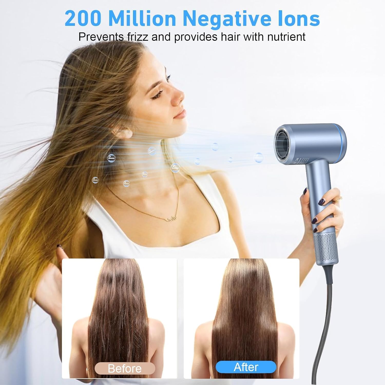 Hair Dryer, 150000 RPM High-Speed Brushless Motor Negative Ionic Hair Dryer for Fast Drying, Blow Dryer with LCD Display, 4 Temps & 3 Speeds and 2 Magnetic Nozzle Hairdryer for Woman Kids Salon - Image 8