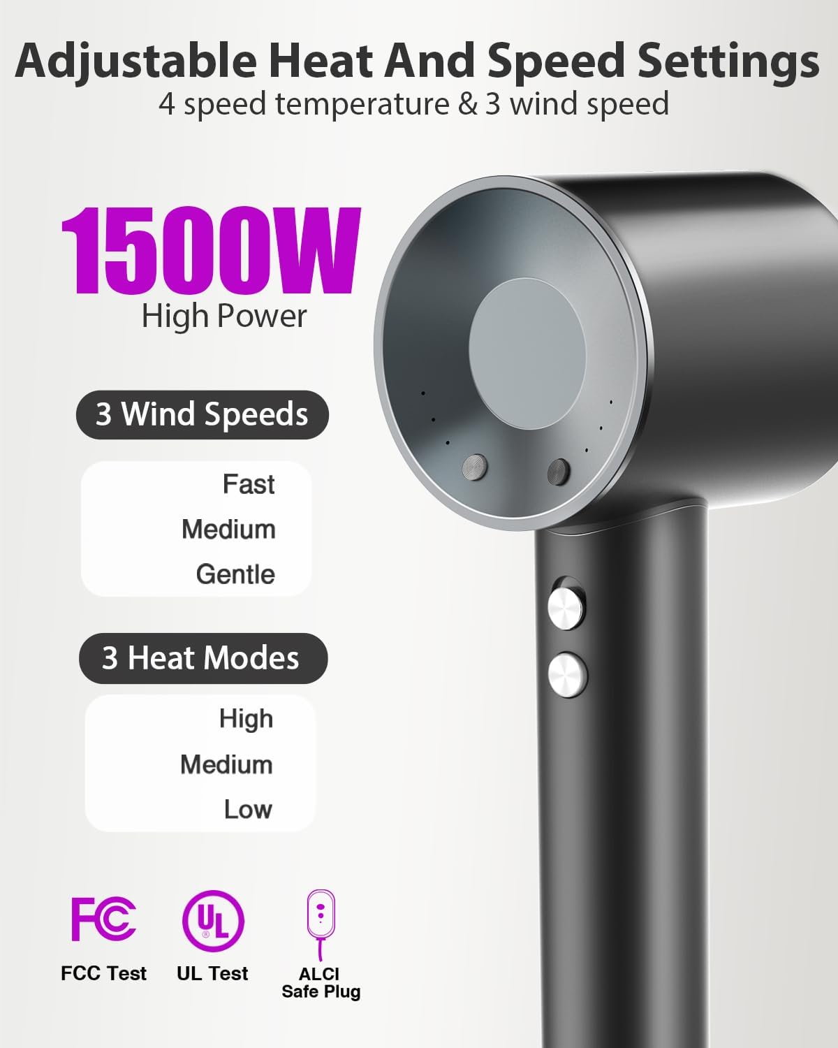 Hair Dryer, 160000 RPM Professional High-Speed Blow Dryer 200 Millions Negative Ionic Care Hair Dryer for Fast Drying, Low Noise Thermo-Control Hairdryer, Travel with Magnetic Nozzle, Gray - Image 3
