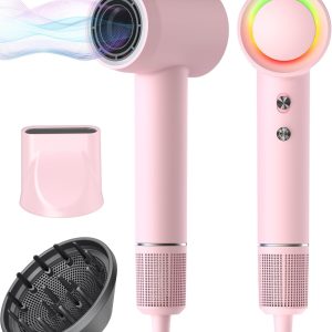 Hair Dryer, 160000 RPM Professional High-Speed Blow Dryer 500 Millions Negative Ionic Care Hair Dryer for Fast Drying, Low Noise Thermo-Control Hairdryer, Travel with Magnetic Diffuser & Nozzle, Pink