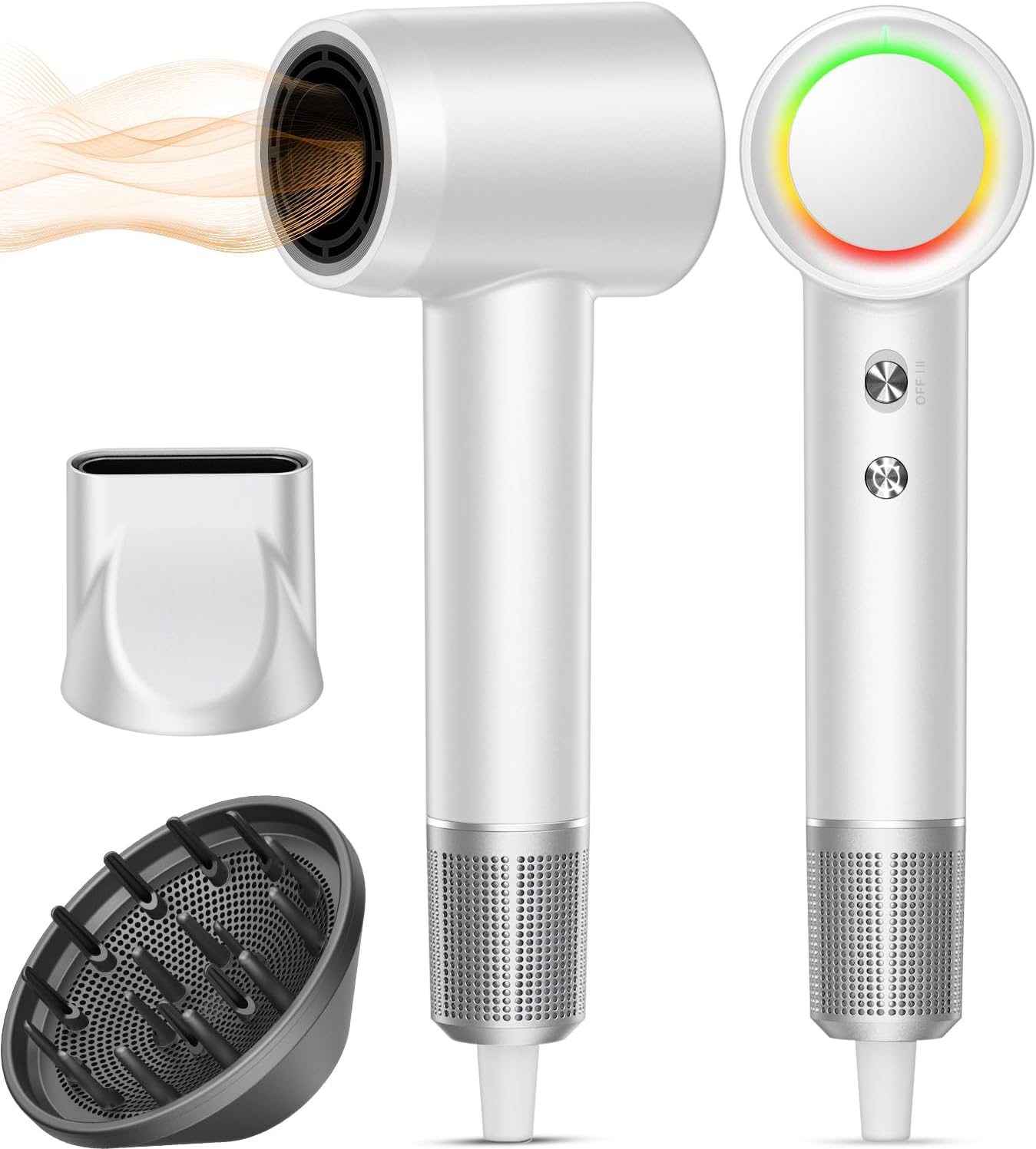Hair Dryer, 160000 RPM Professional High-Speed Blow Dryer 500 Millions Negative Ionic Care Hair Dryer for Fast Drying, Low Noise Thermo-Control Hairdryer, Travel with Magnetic Diffuser & Nozzle, White