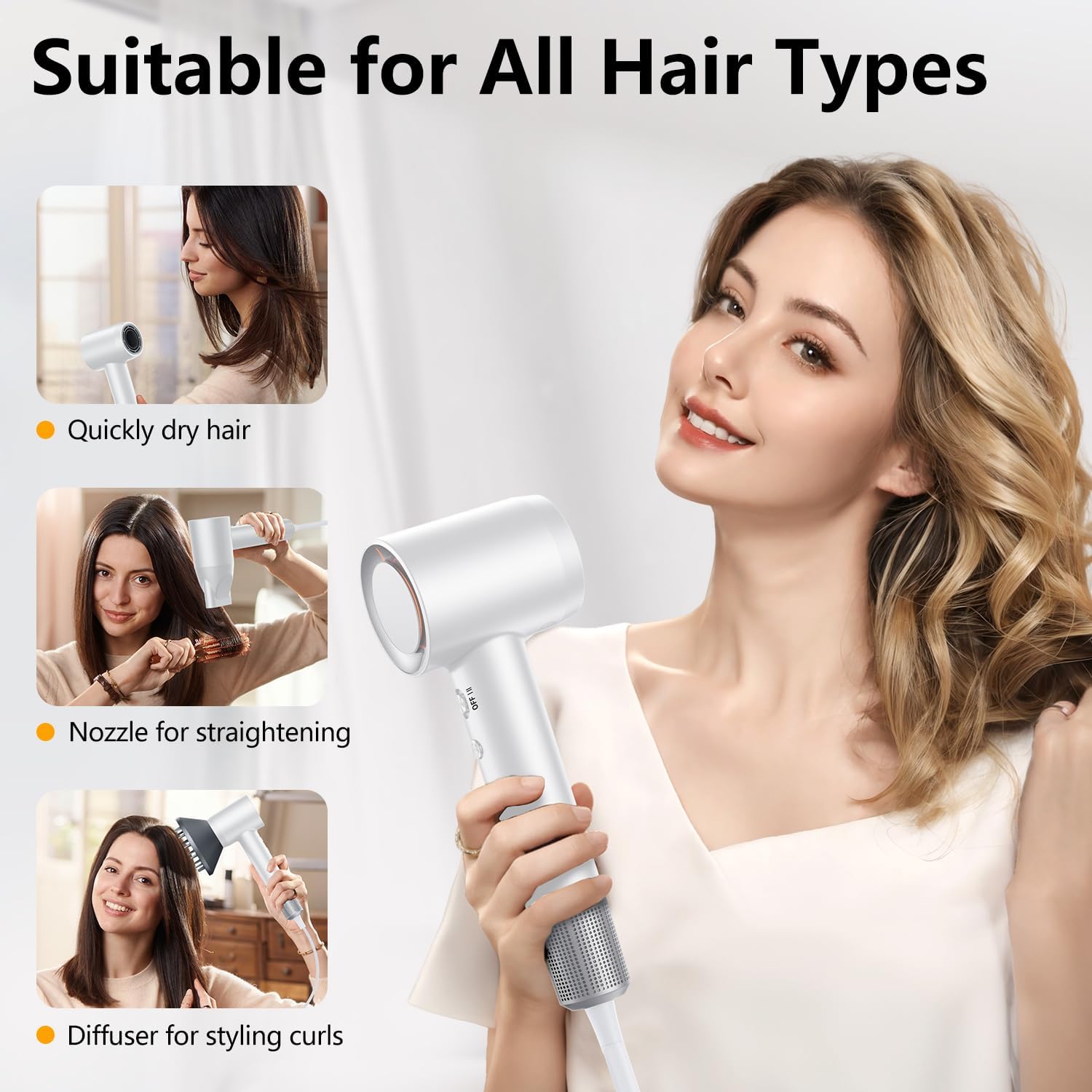 Hair Dryer, 160000 RPM Professional High-Speed Blow Dryer 500 Millions Negative Ionic Care Hair Dryer for Fast Drying, Low Noise Thermo-Control Hairdryer, Travel with Magnetic Diffuser & Nozzle, White - Image 7