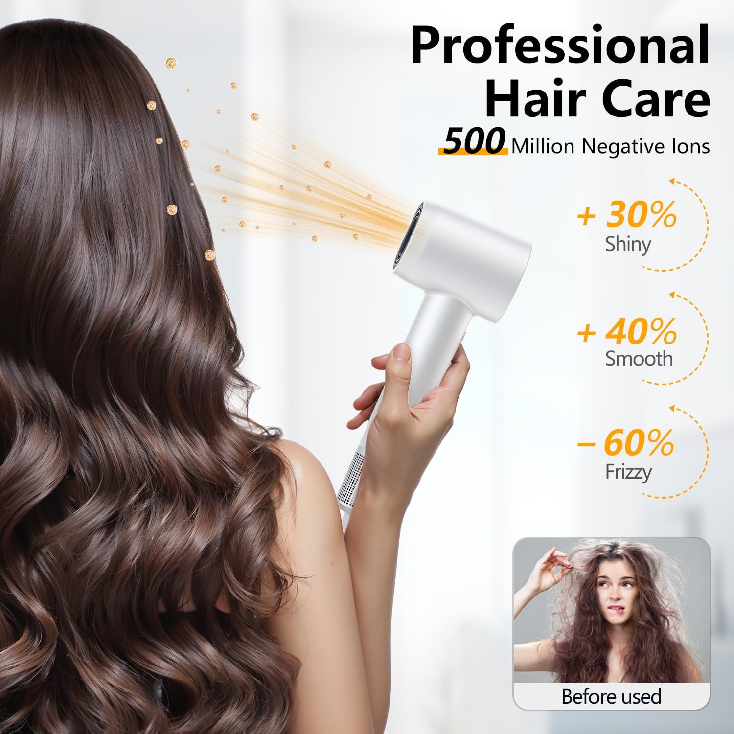 Hair Dryer, 160000 RPM Professional High-Speed Blow Dryer 500 Millions Negative Ionic Care Hair Dryer for Fast Drying, Low Noise Thermo-Control Hairdryer, Travel with Magnetic Diffuser & Nozzle, White - Image 3