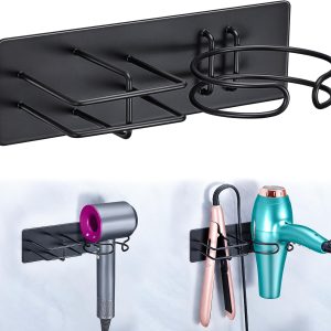 Hair Dryer and Straightener Holder Wall Mounted, Self Adhesive Blow Dryer and Flat Iron Storage Hair Tool Organizer for Bathroom Vanity (Black)