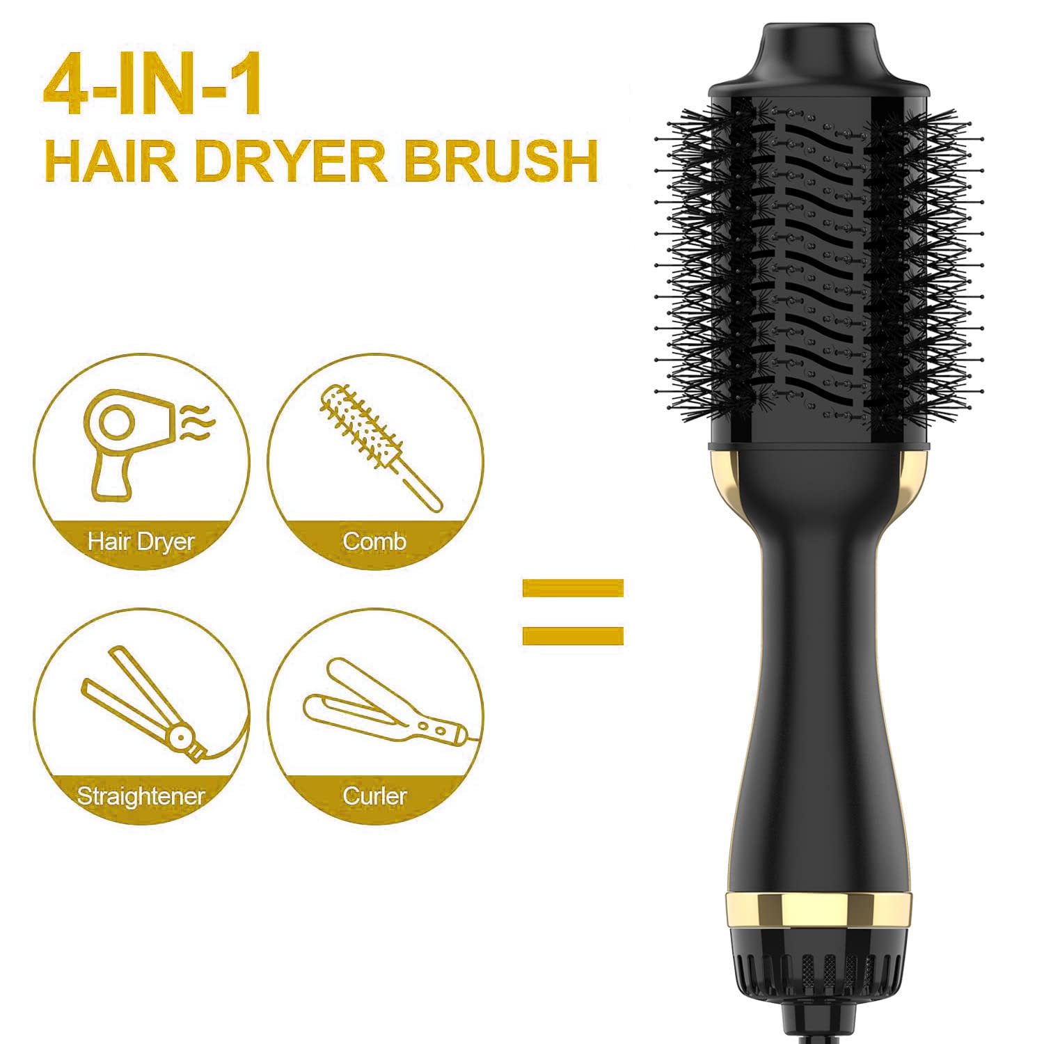 Hair Dryer Brush, 4 in 1 One Step Hair Dryer and Styler Volumizer Professional Hot Air Brush with Negative Ion Anti-frizz Blowout for Drying, Straightening Curling - Black Gold - Image 2