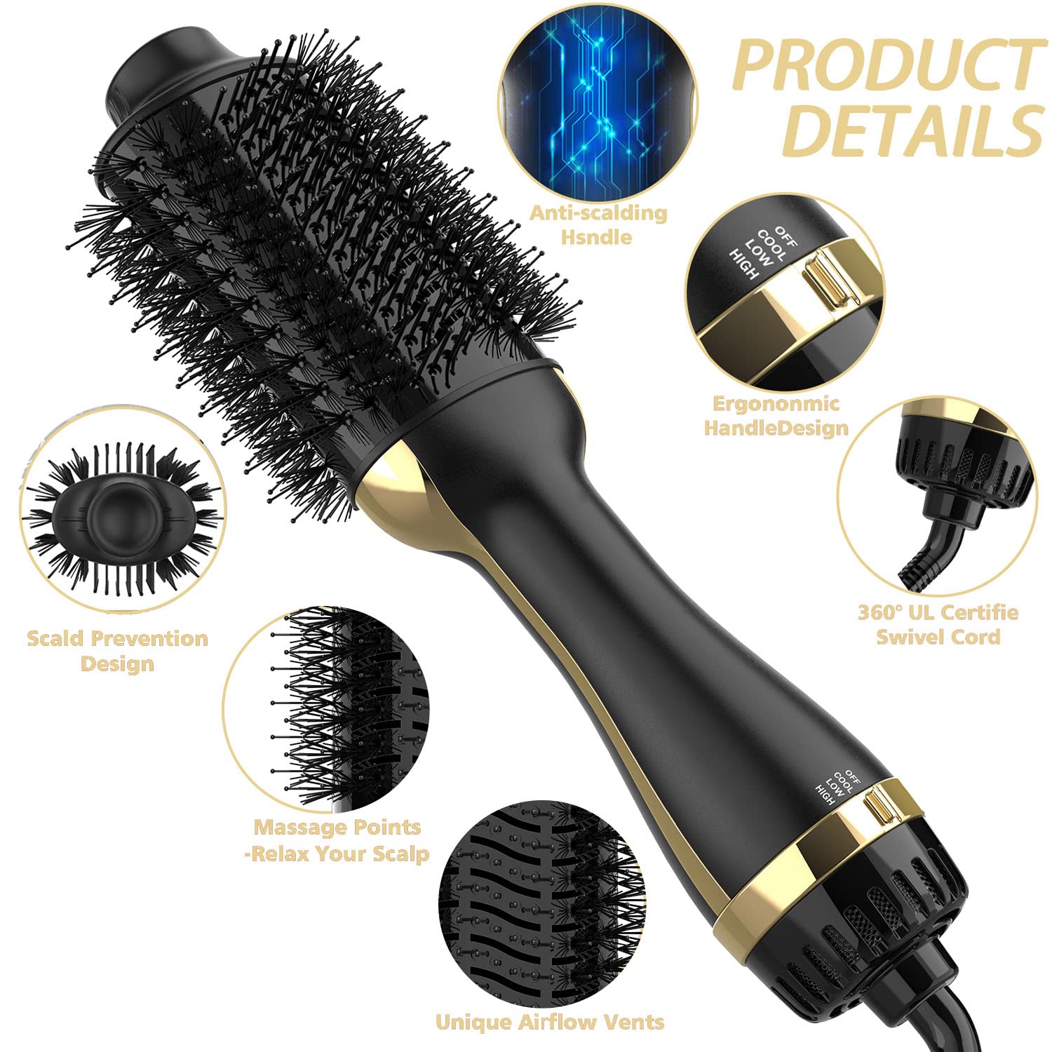Hair Dryer Brush, 4 in 1 One Step Hair Dryer and Styler Volumizer Professional Hot Air Brush with Negative Ion Anti-frizz Blowout for Drying, Straightening Curling - Black Gold - Image 6