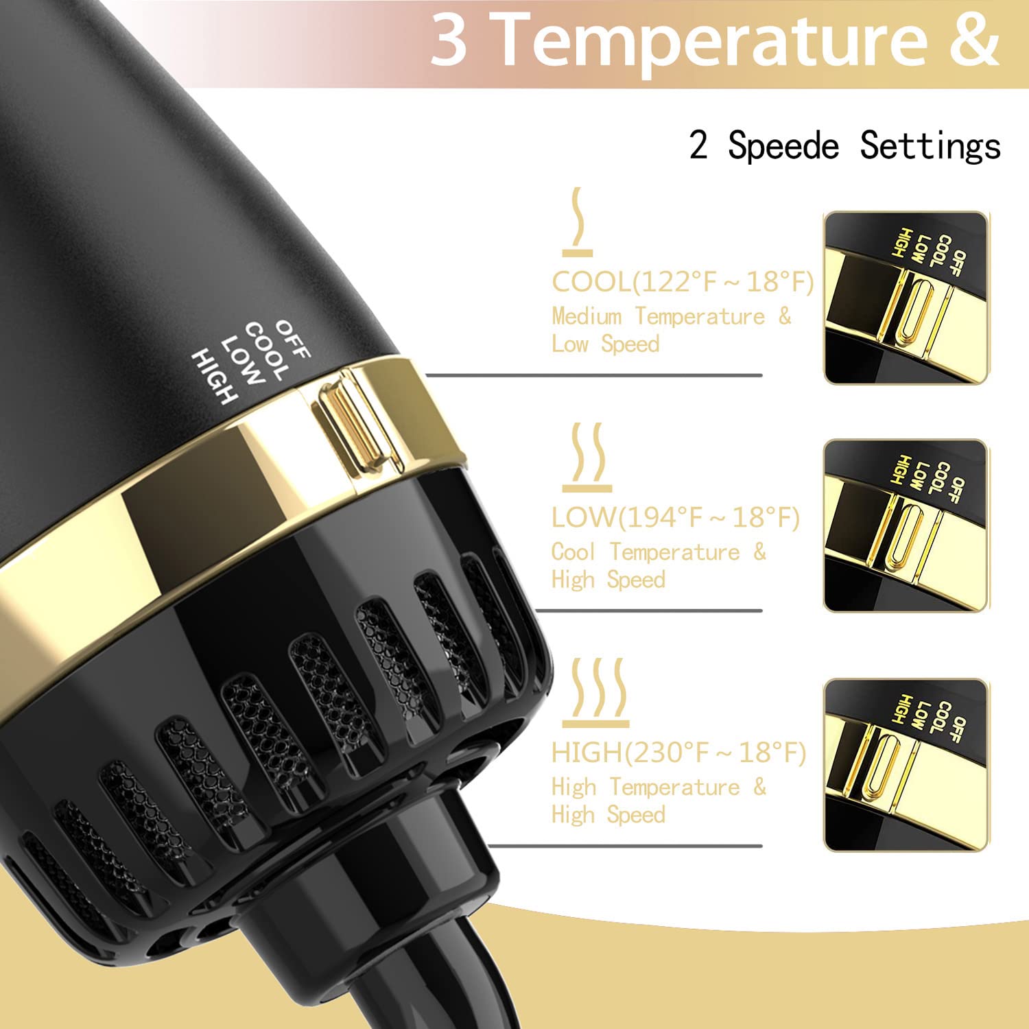 Hair Dryer Brush, 4 in 1 One Step Hair Dryer and Styler Volumizer Professional Hot Air Brush with Negative Ion Anti-frizz Blowout for Drying, Straightening Curling - Black Gold - Image 3