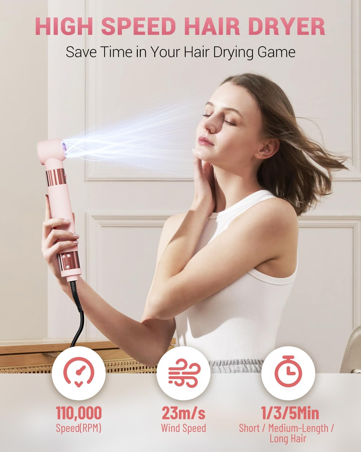 Hair Dryer Brush 6 in 1 Professional Hot Air Styler, 110,000 RPM High-Speed Negative Ionic Hair Dryer, Auto Wrap Curler Frizz-Free Airwrap for Curling Volumizing Straightening Styling Pink - Image 3