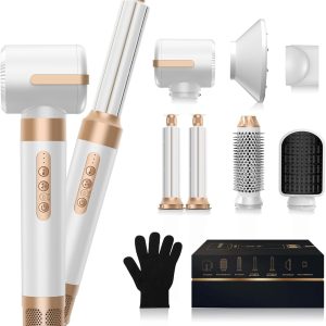 Hair Dryer Brush 7 in 1，110000 RPM Hot Air Brush Hair Styler for Curly Straight & Twisted Hair Professional Ionic Brush Blow Dryer for Salon-Quality Styling, White Gold