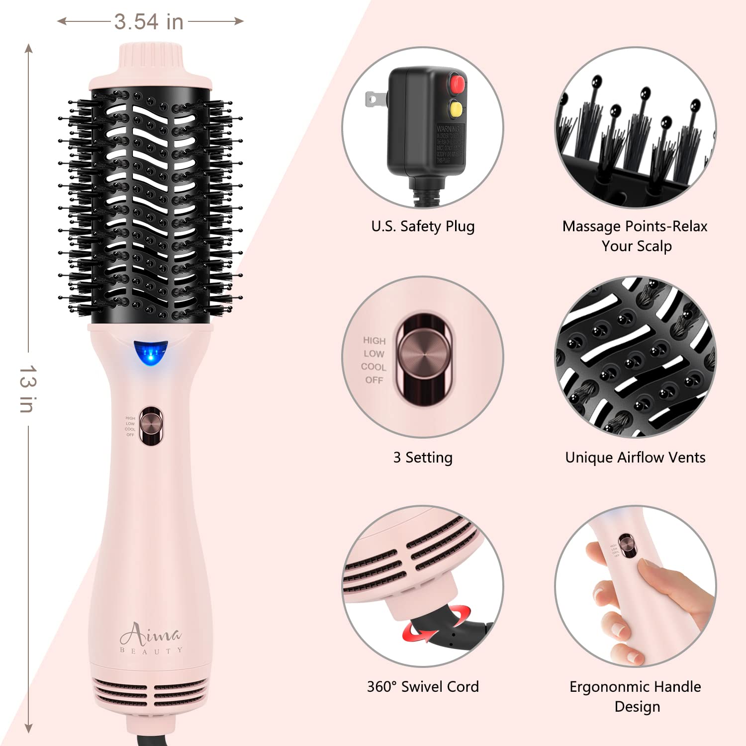 Hair Dryer Brush, Aima Beauty One Step Hair Dryer and Styler Volumizer with Negative Ion for Reducing Frizz and Static, Hair Styling Tools, Pink - Image 5