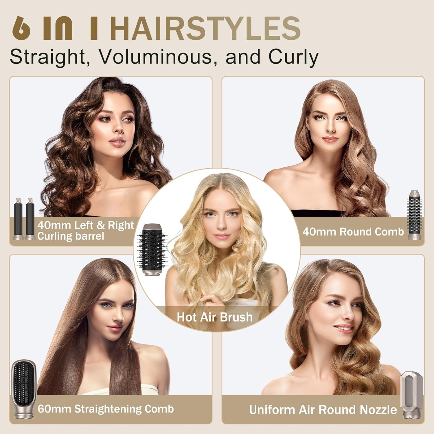 Hair Dryer Brush Blow Dryer Brush in One 6 in 1 Hair Styler 110,000 RPM Air Curler Wrap Styler Hot Air Brush Blowout Brush Hair Styling Tools Curling Straightening Styling Drying Gift Mom Women