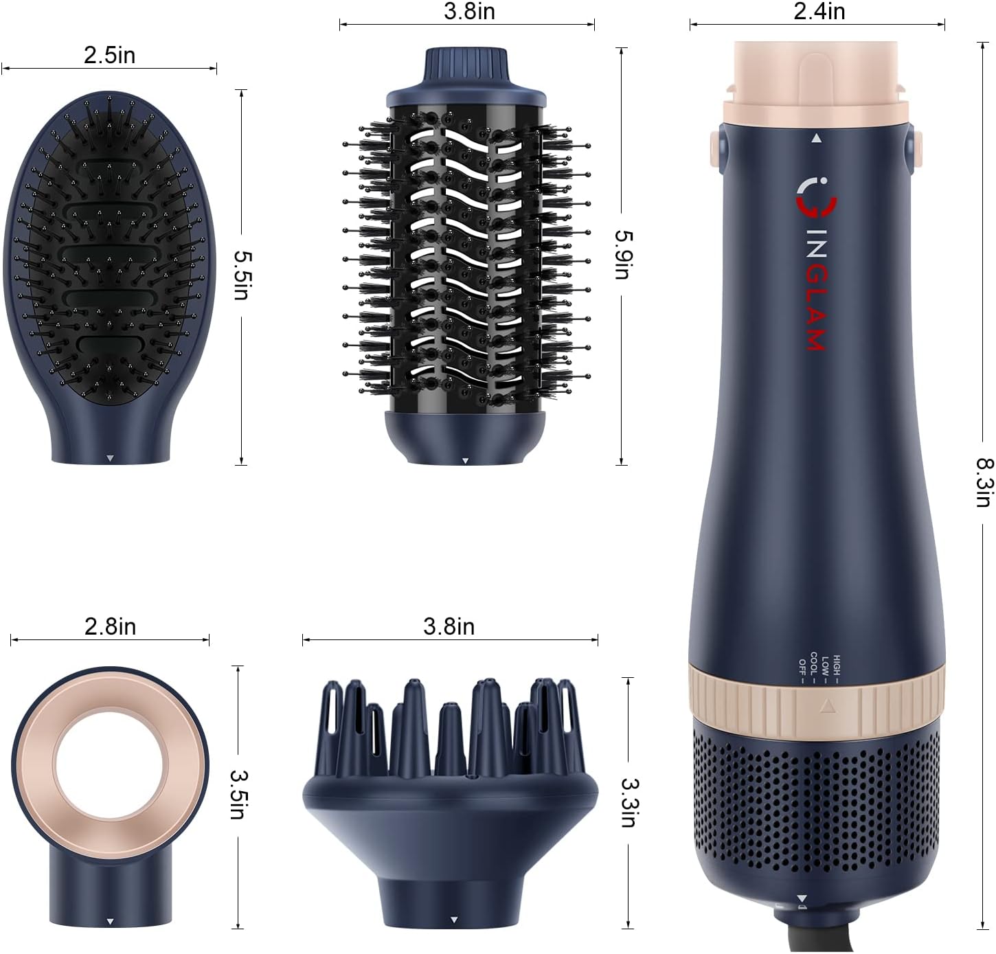 Hair Dryer Brush Set, IG INGLAM 4 in 1 Blowout Brush, Negative Ion Detachable Hair Dryer & Styler Volumizer Hot Air Hair Dryer Brush with 2 Styling Brush Heads, Prussian Blue - Image 6