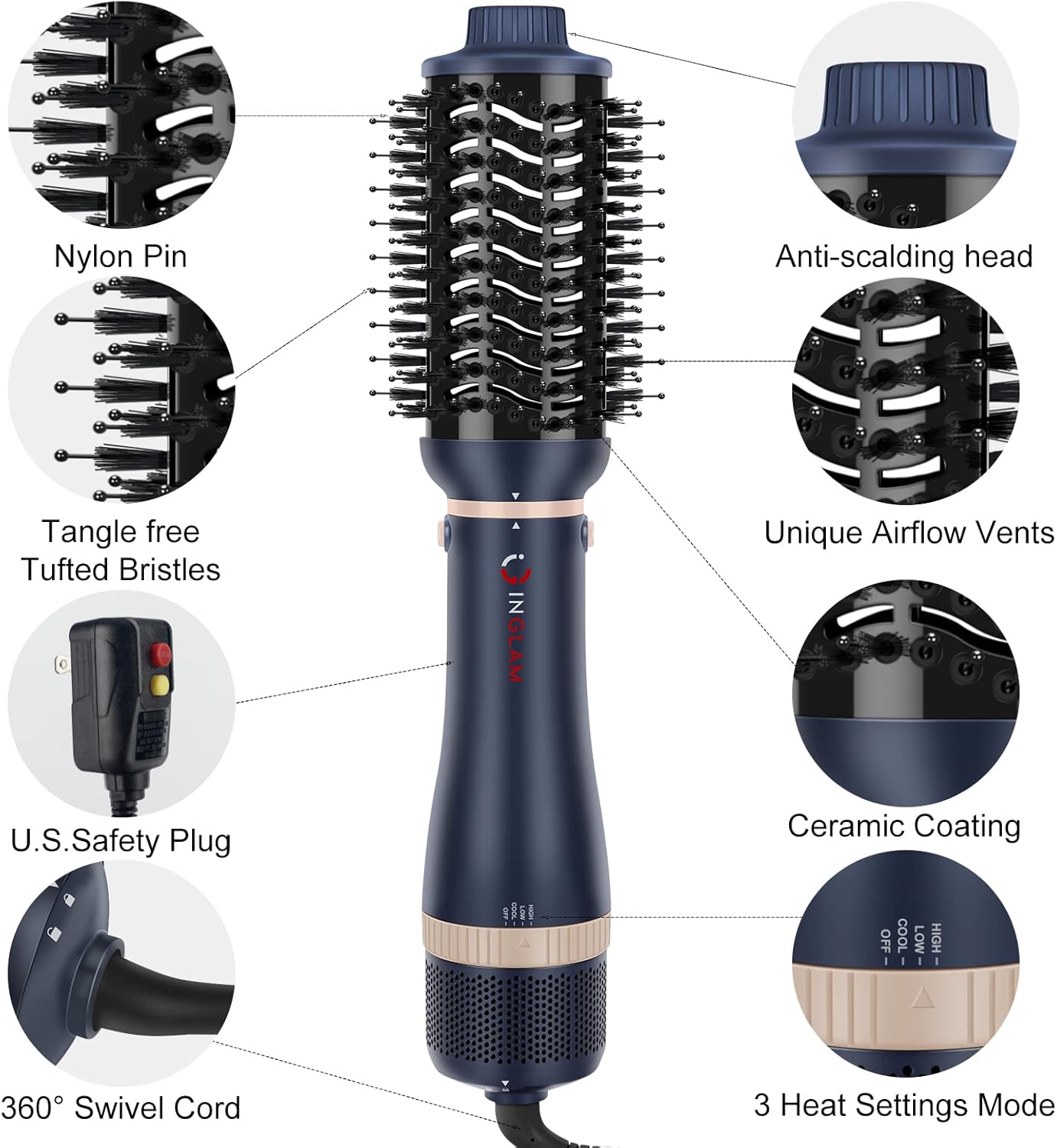 Hair Dryer Brush Set, IG INGLAM 4 in 1 Blowout Brush, Negative Ion Detachable Hair Dryer & Styler Volumizer Hot Air Hair Dryer Brush with 2 Styling Brush Heads, Prussian Blue - Image 7