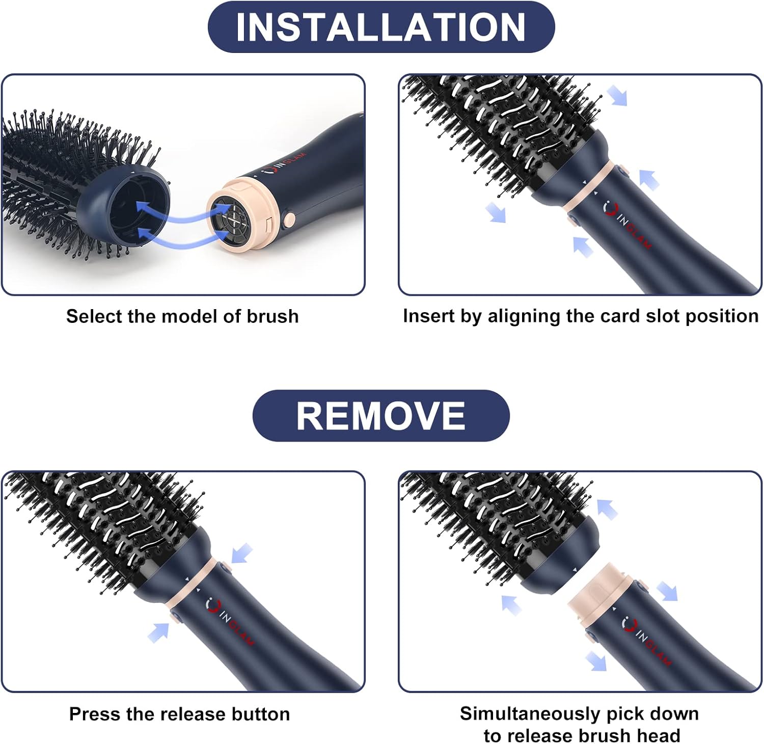 Hair Dryer Brush Set, IG INGLAM 4 in 1 Blowout Brush, Negative Ion Detachable Hair Dryer & Styler Volumizer Hot Air Hair Dryer Brush with 2 Styling Brush Heads, Prussian Blue - Image 3
