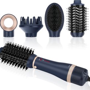 Hair Dryer Brush Set, IG INGLAM 4 in 1 Blowout Brush, Negative Ion Detachable Hair Dryer & Styler Volumizer Hot Air Hair Dryer Brush with 2 Styling Brush Heads, Prussian Blue