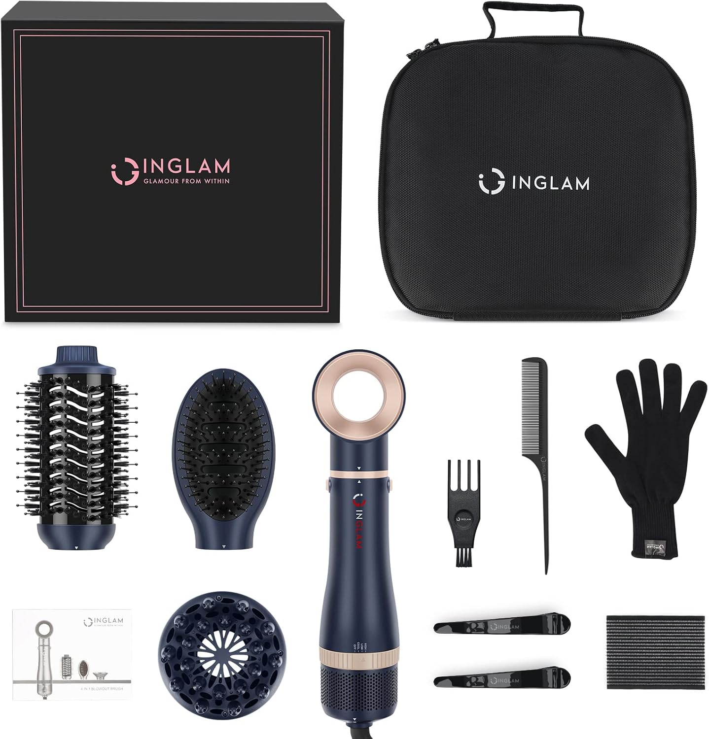 Hair Dryer Brush Set, IG INGLAM 4 in 1 Blowout Brush, Negative Ion Detachable Hair Dryer & Styler Volumizer Hot Air Hair Dryer Brush with 2 Styling Brush Heads, Prussian Blue - Image 8
