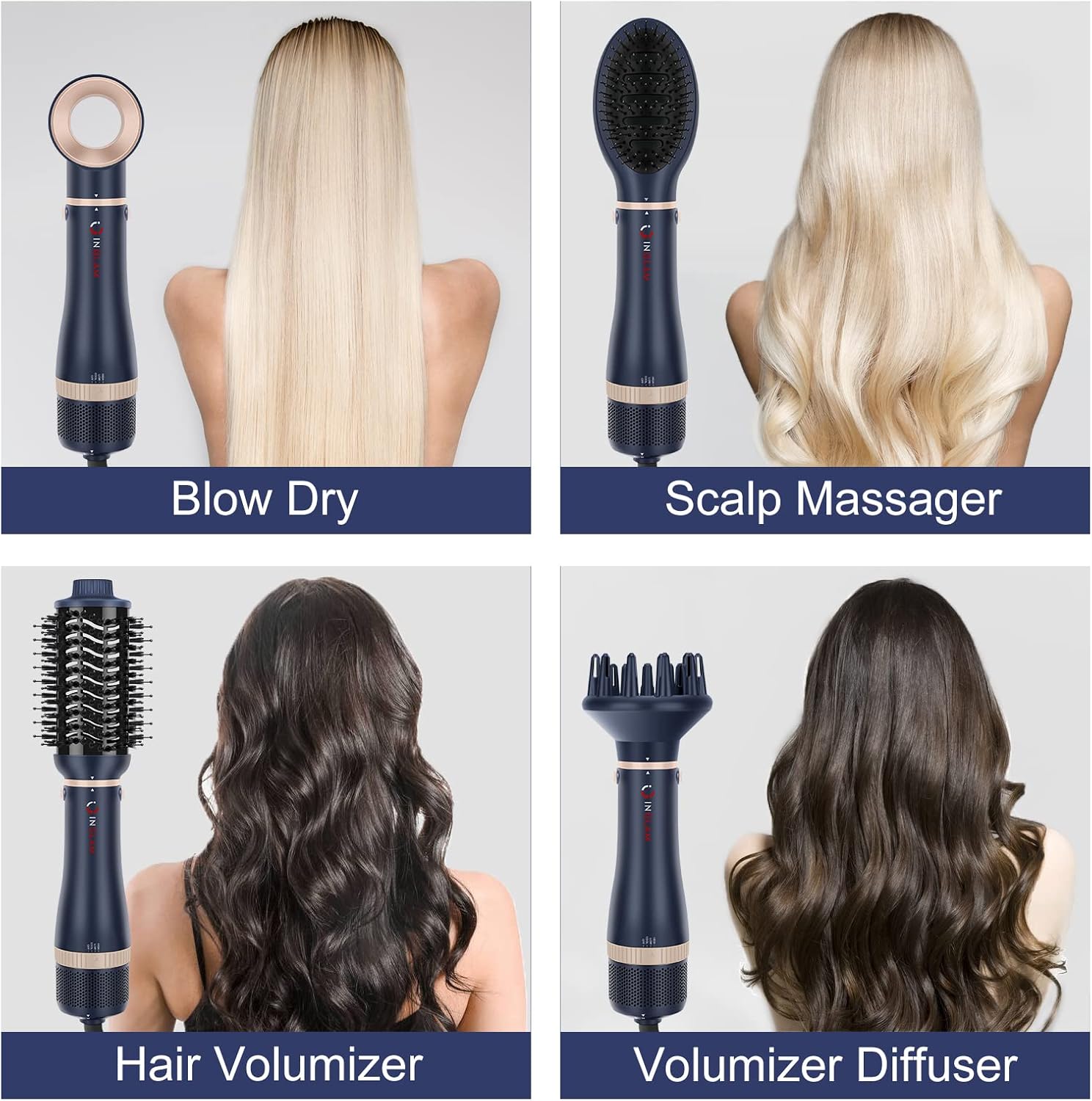 Hair Dryer Brush Set, IG INGLAM 4 in 1 Blowout Brush, Negative Ion Detachable Hair Dryer & Styler Volumizer Hot Air Hair Dryer Brush with 2 Styling Brush Heads, Prussian Blue - Image 2