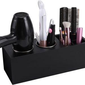 Hair Dryer Countertop Holder, Hair Tool Organizer Wall Mount, Blow Dryer Holder Cabinet Door Organizer, Bathroom Countertop Blow Dryer Holder and Curling Iron Holder (Cedar Wood, Black)