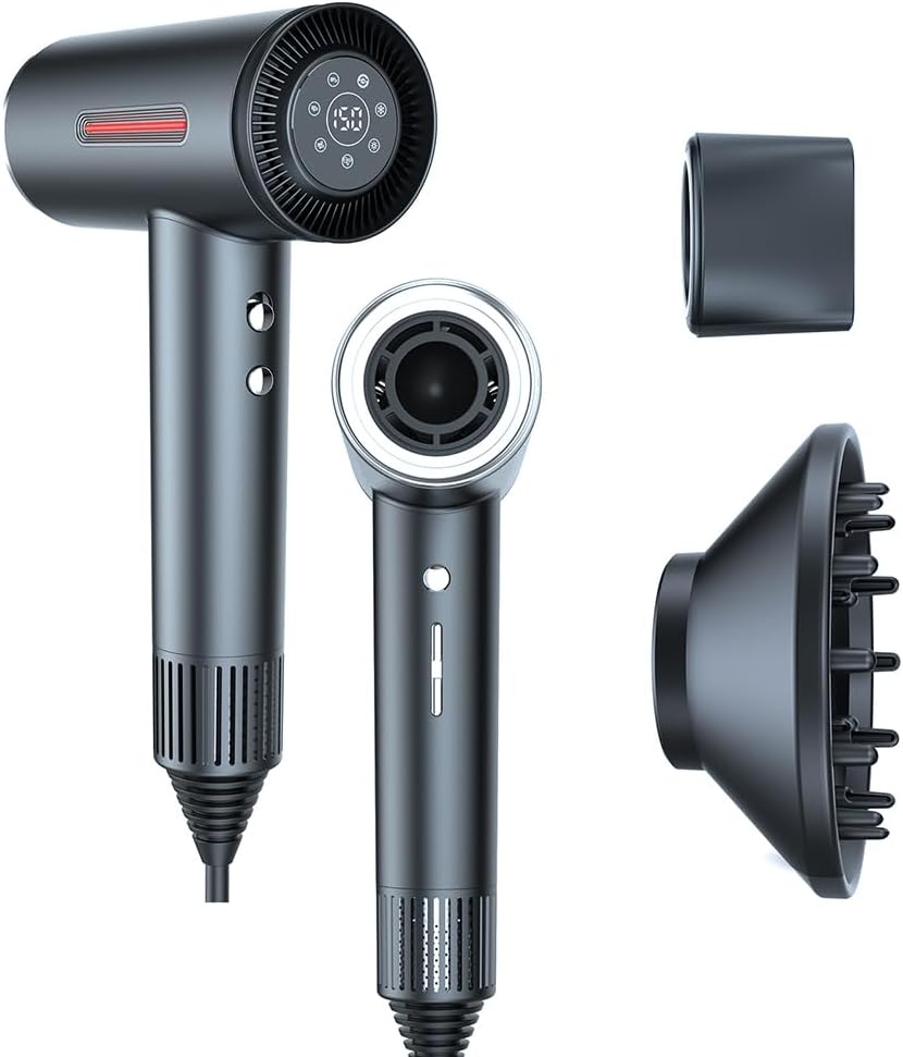 Hair Dryer, Fast Drying Blow Dryer with Magnetic Nozzle,110,000RPM Brushless Motor, High Speed Low Noise, Ionic No Heat Damage, for Travel, Home, Gift (Gray)