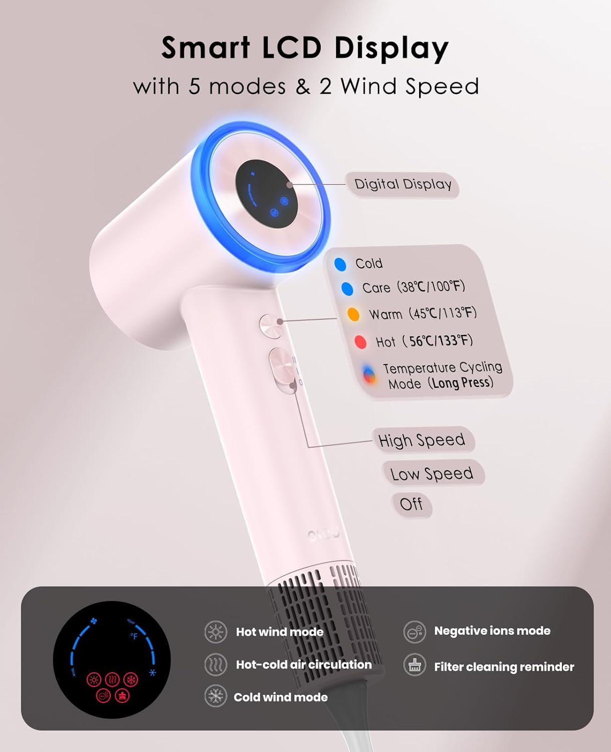 Hair Dryer, High Speed Fast Drying Hair Dryers, Negative Ionic Portable Blow Dryer with 110000 RPM Brushless Motor, Lightweight Low Noise Thermo-Control Hairdryer with Nozzle for Home, Travel - Image 5