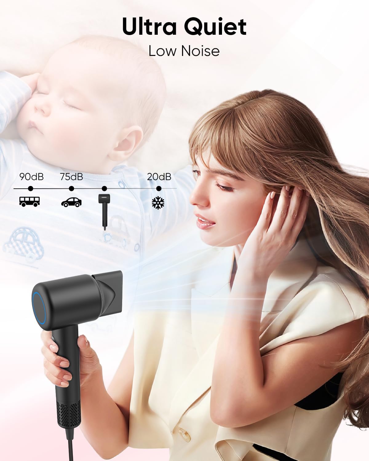 Hair Dryer, High-Speed Ionic Low Noise Blow Dryer with Brushless Motor for Fast Drying, Thermo-Control Quiet Compact Hair Blow Dryer with Magnetic Diffuser for Curly Hair for Home Travel Salon - Image 4