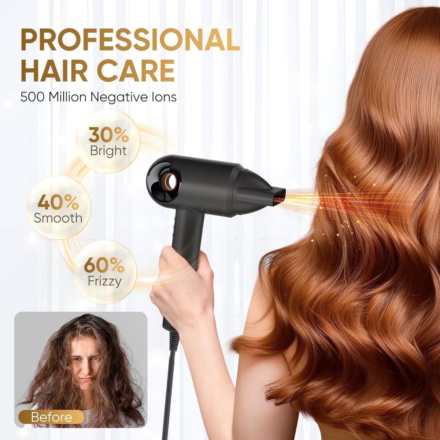 Hair Dryer, High-Speed Ionic Low Noise Blow Dryer with Diffuser for Fast Drying, Professional 500 Millions Negative Ionic Thermo-Control Hairdryer, Travel with Magnetic Diffuser & Nozzle - Image 3