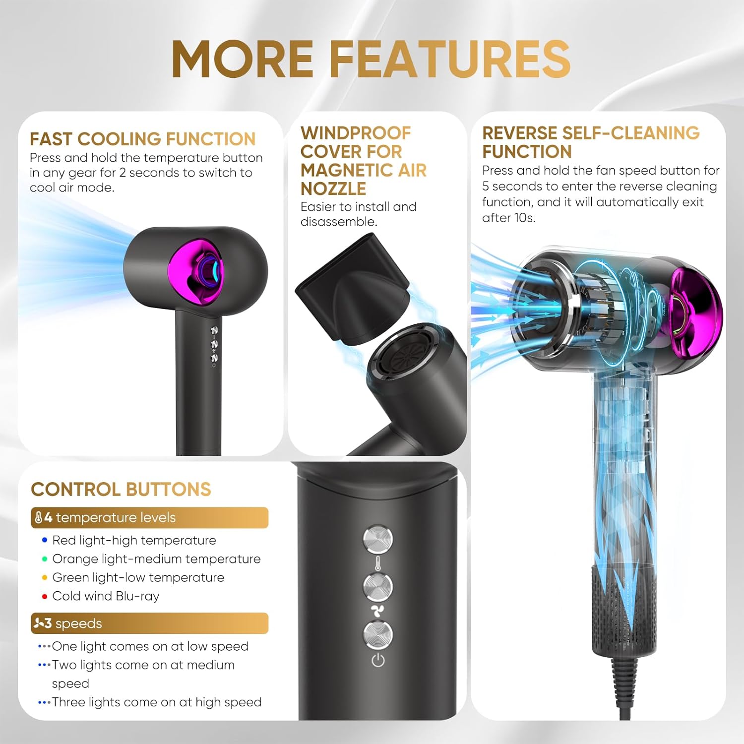 Hair Dryer, High-Speed Ionic Low Noise Blow Dryer with Diffuser for Fast Drying, Professional 500 Millions Negative Ionic Thermo-Control Hairdryer, Travel with Magnetic Diffuser & Nozzle - Image 7