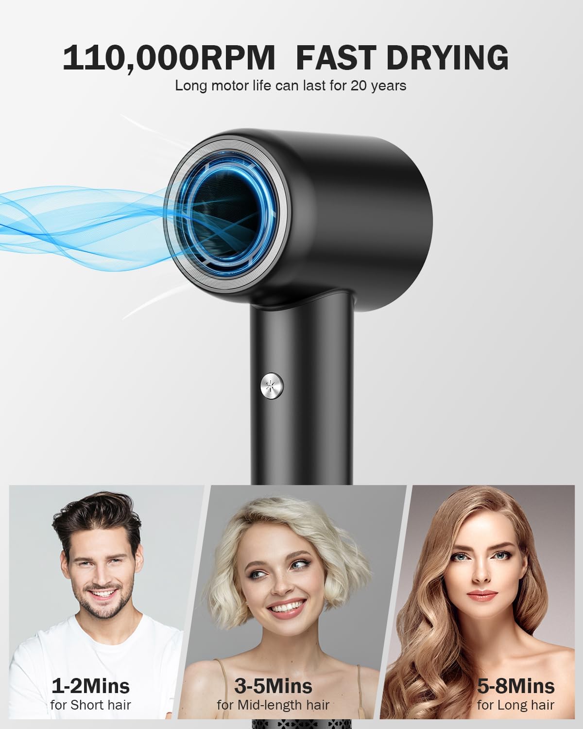 Hair Dryer, High Speed Negative Ionic Blow Dryer with 110, 000 RPM Brushless Motor for Fast Drying, 1500W Low Noise Thermo-Control 4 Temps & 3 Speeds Hairdryer with Magnetic Nozzle for Hair Care, Home - Image 6