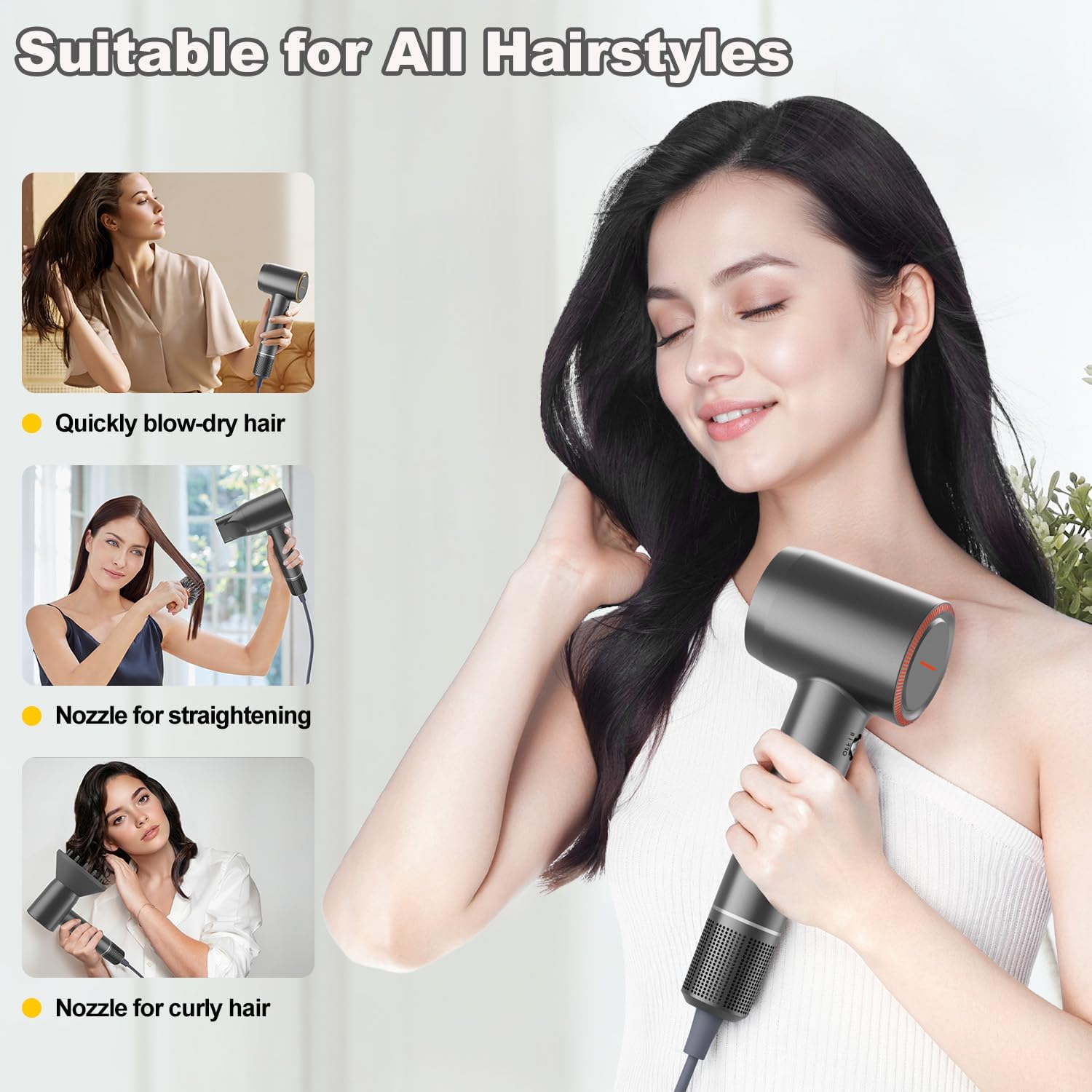 Hair Dryer, High Speed Powerful Negative Ionic Blow Dryer with 160000 RPM Brushless Motor for Fast Drying, Professional Low Noise Hairdryer with Diffuser and Nozzle, 4 Temps & 2 Speeds (Premium Gray) - Image 2