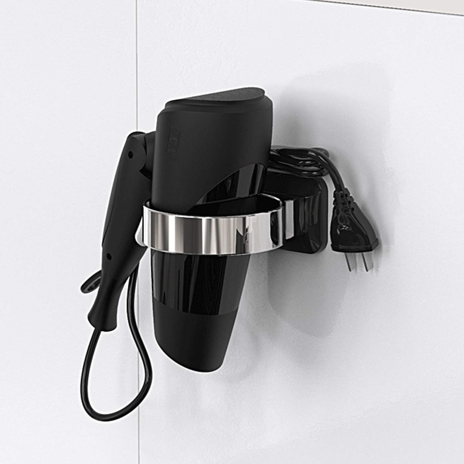 Hair Dryer Holder, Bathroom Cabinet Door Blow Dryer Stand, Blow Dryer Holders Wall Mount - Extra Large Rim (Silver + Black) - Image 5