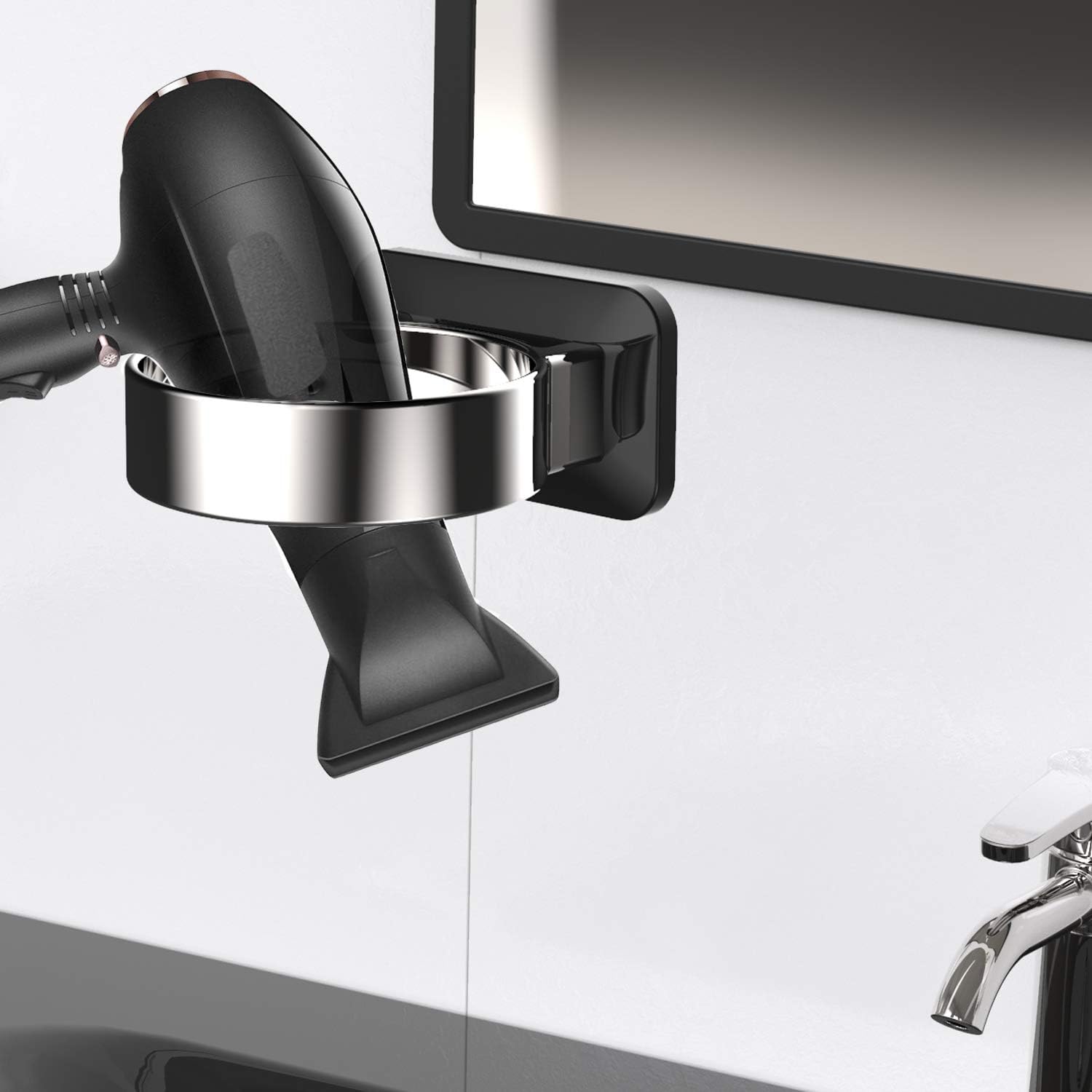 Hair Dryer Holder, Bathroom Cabinet Door Blow Dryer Stand, Blow Dryer Holders Wall Mount - Extra Large Rim (Silver + Black) - Image 6
