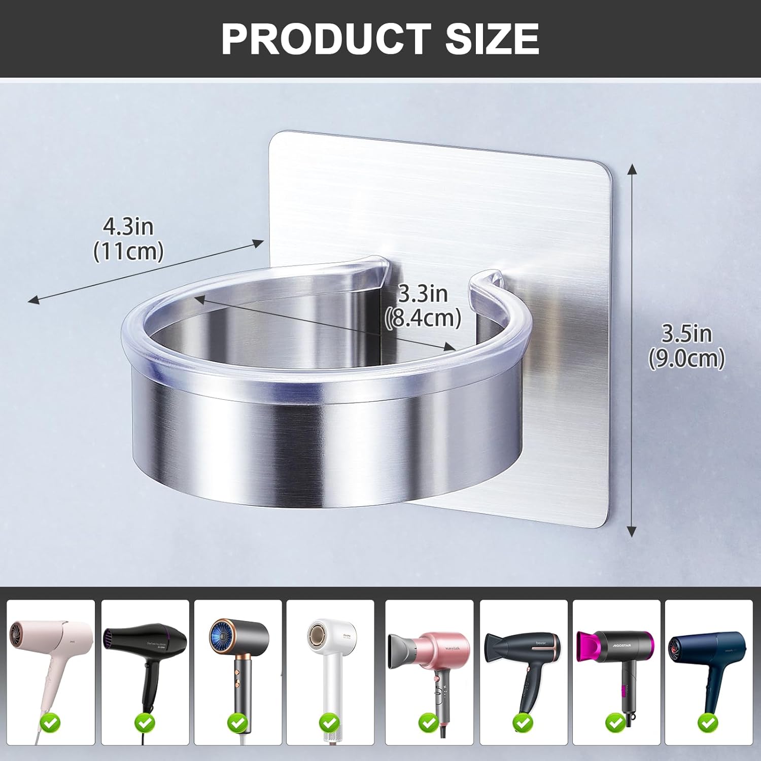Hair Dryer Holder - Hair Tool Storage Organizer Wall Mount, Stainless Steel Hair Blow Dryer Holder, Hot Tools Holder, Adhesive Hairdryer Holder Bathroom, Hair Dryer Hanger, Blow Dryer Organizer - Image 7