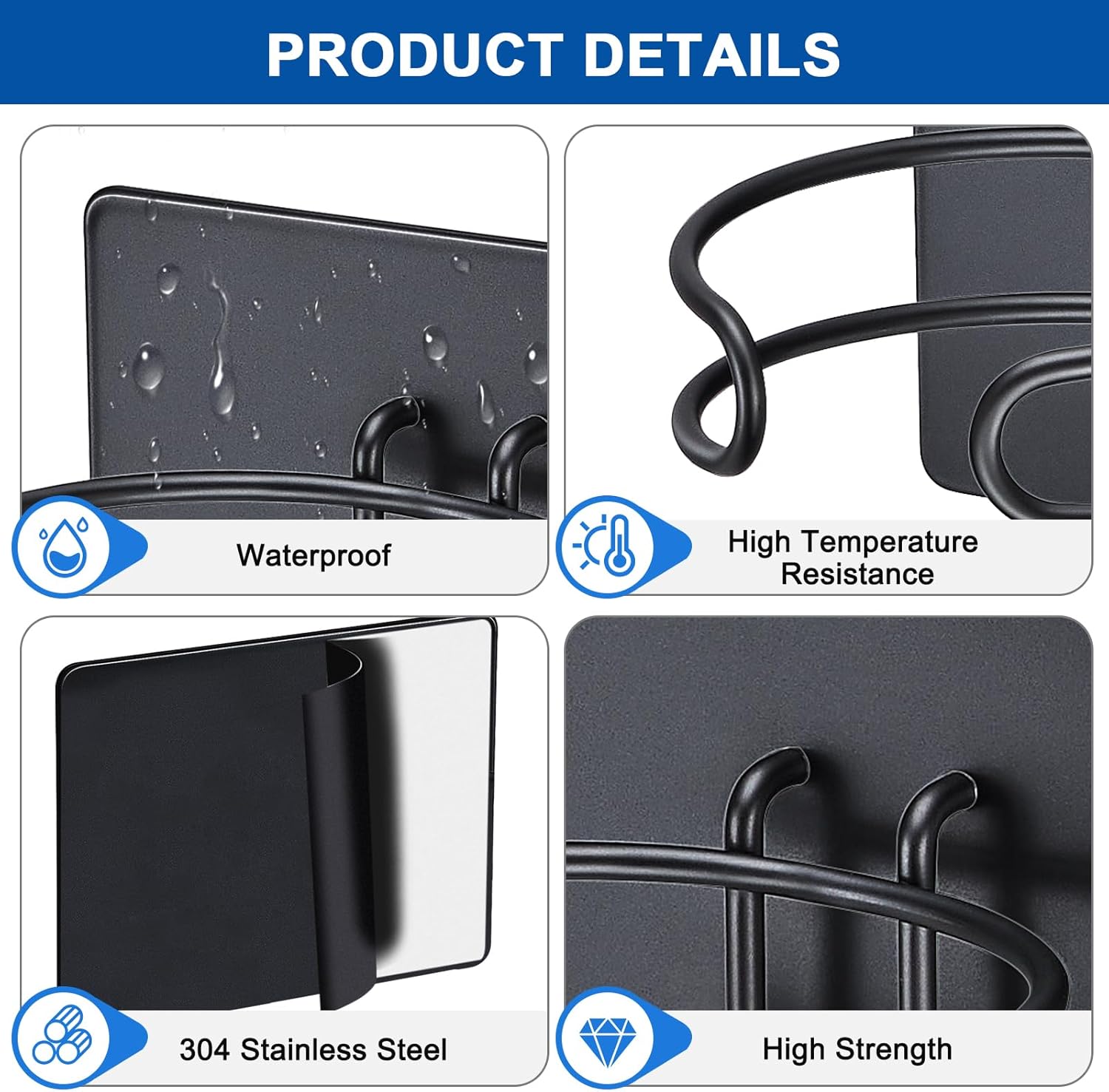 Hair Dryer Holder Self Adhesive, SUS 304 Stainless Steel Bathroom Hair Blow Dryer Rack Organizer, Black - Image 4