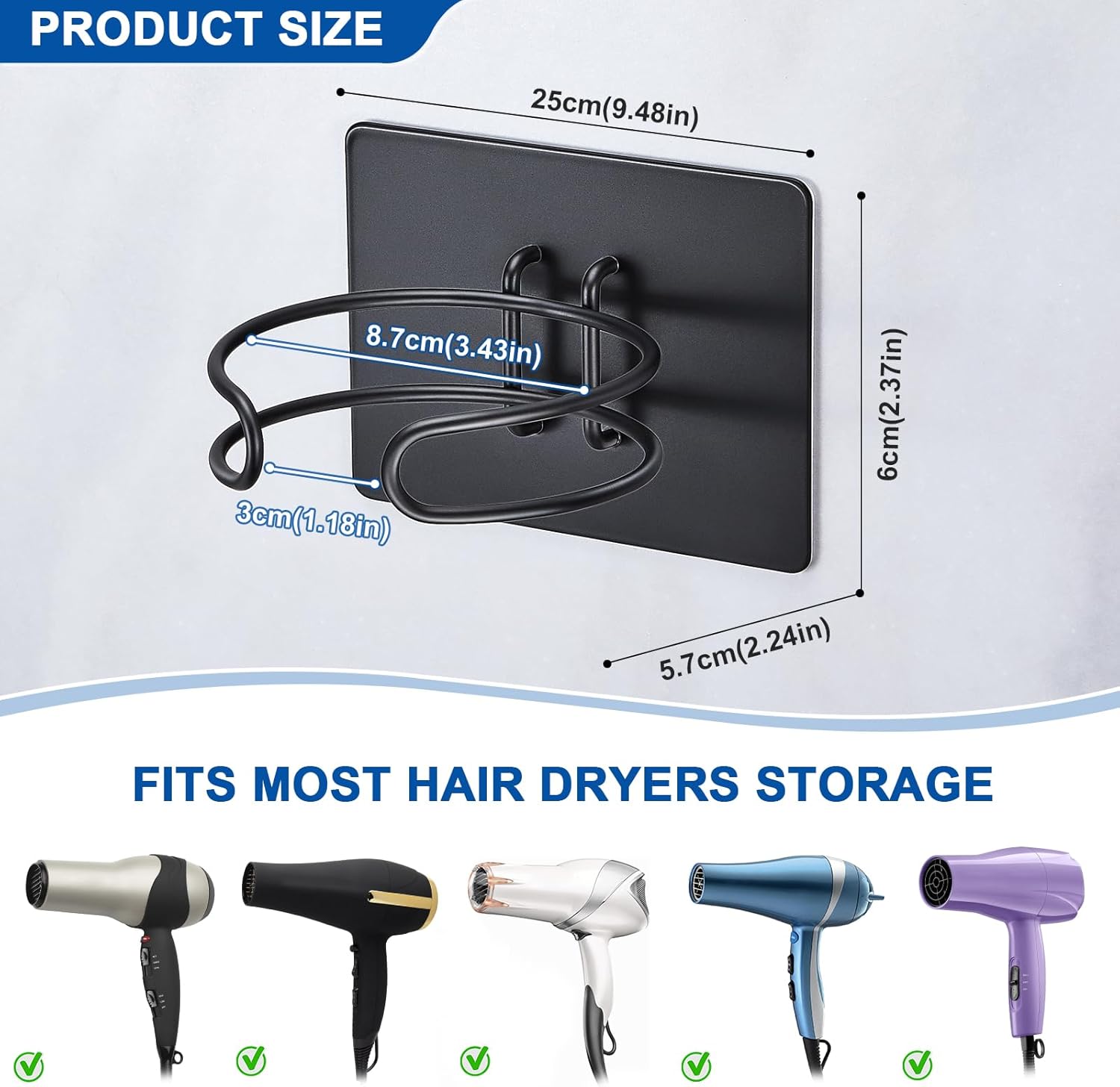 Hair Dryer Holder Self Adhesive, SUS 304 Stainless Steel Bathroom Hair Blow Dryer Rack Organizer, Black - Image 2