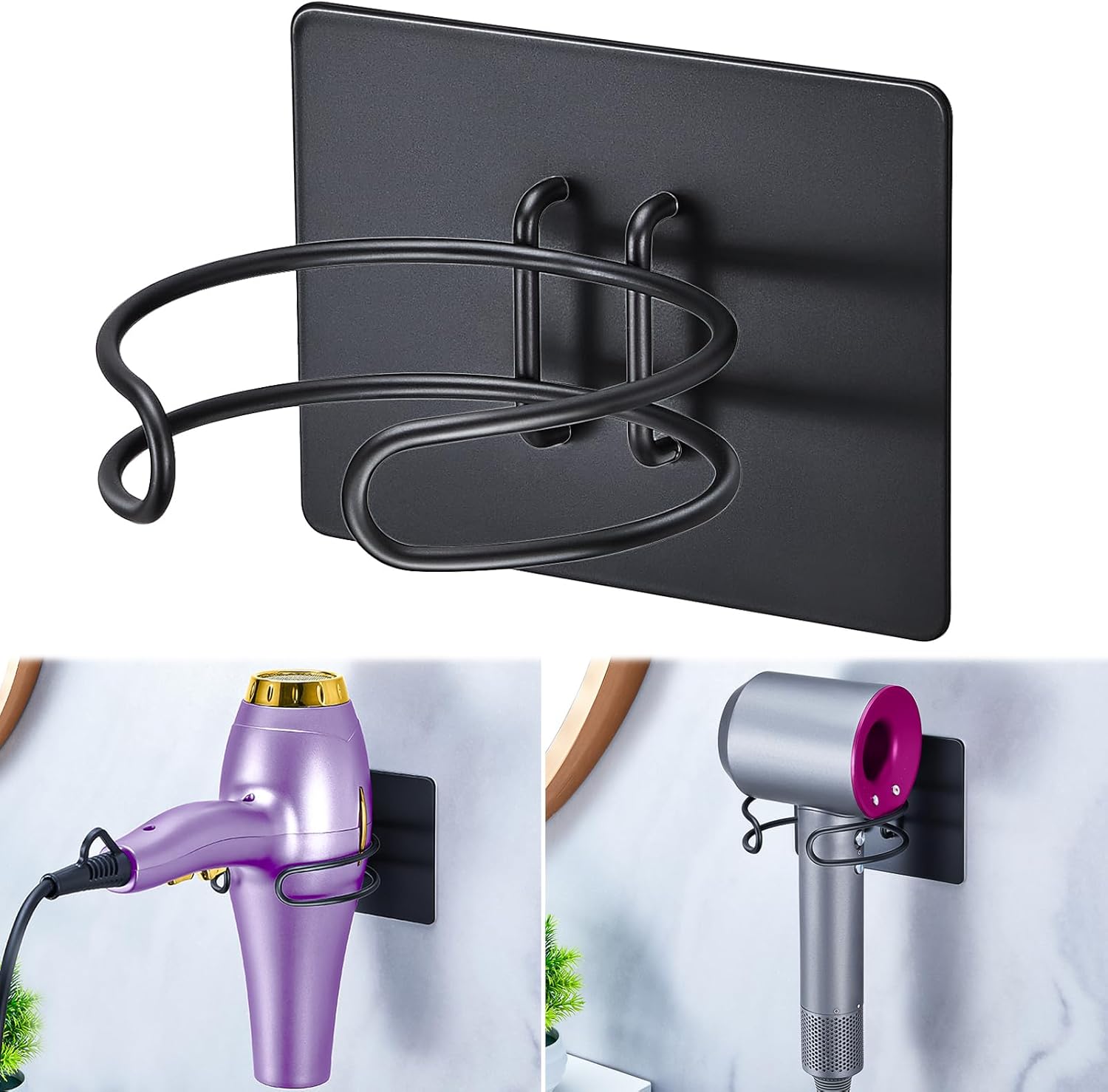 Hair Dryer Holder Self Adhesive, SUS 304 Stainless Steel Bathroom Hair Blow Dryer Rack Organizer, Black