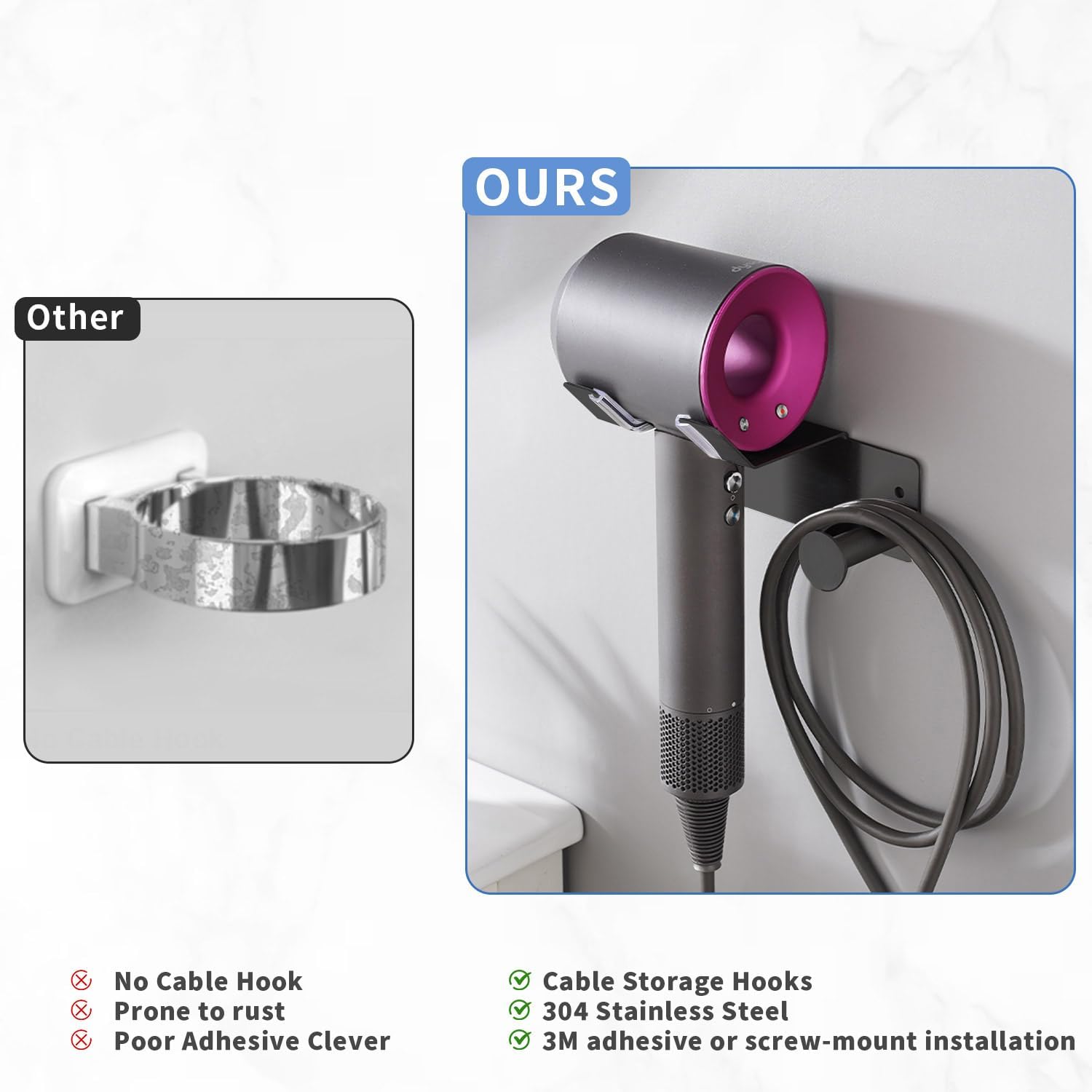 Hair Dryer Holder Stainless Steel, Blow Dryer Holder Self Adhesive, Hair Dryer Holder Wall Mounted Compatible with Dyson, Hairdryer Holder for Bathroom Black PTALSEAW - Image 6