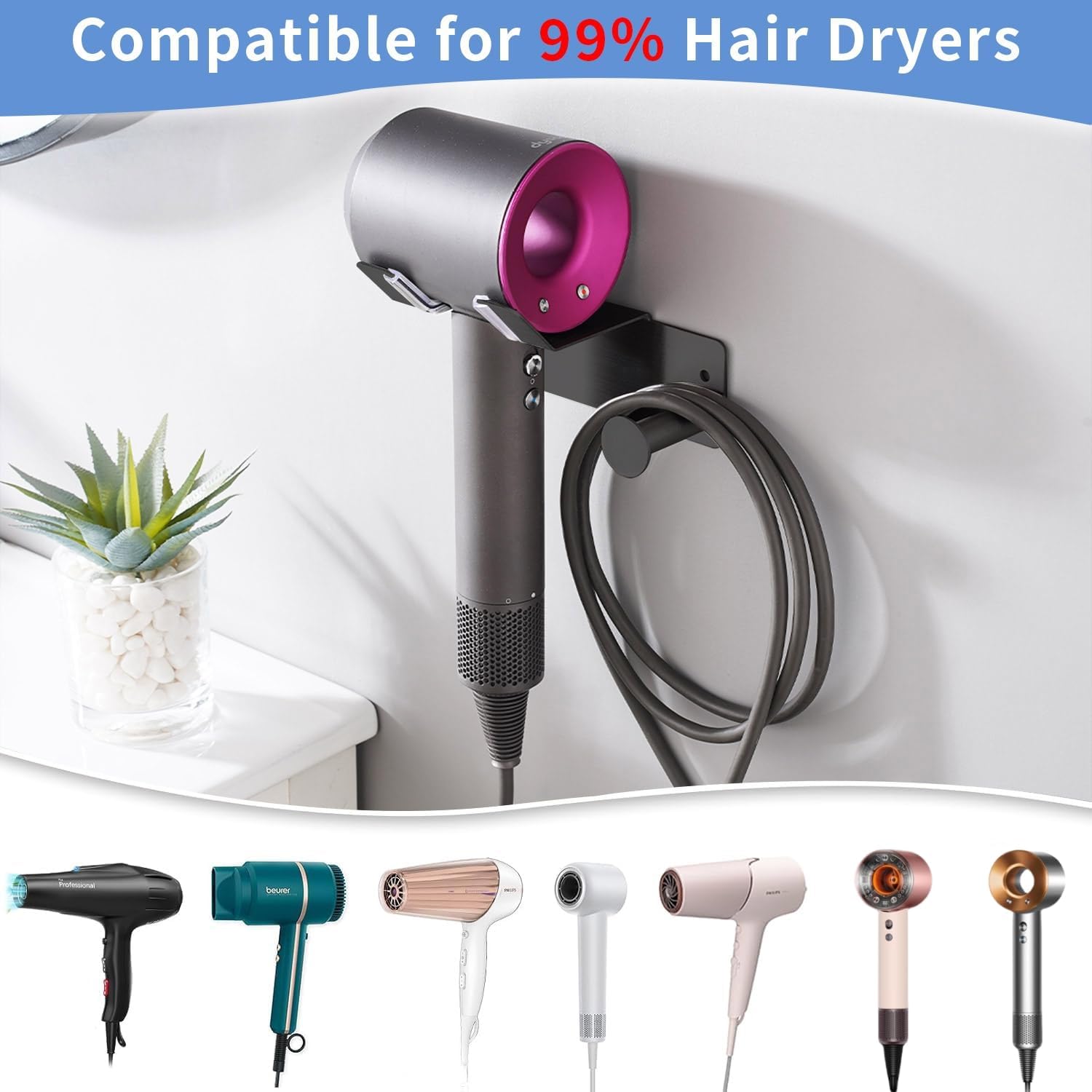 Hair Dryer Holder Stainless Steel, Blow Dryer Holder Self Adhesive, Hair Dryer Holder Wall Mounted Compatible with Dyson, Hairdryer Holder for Bathroom Black PTALSEAW - Image 2