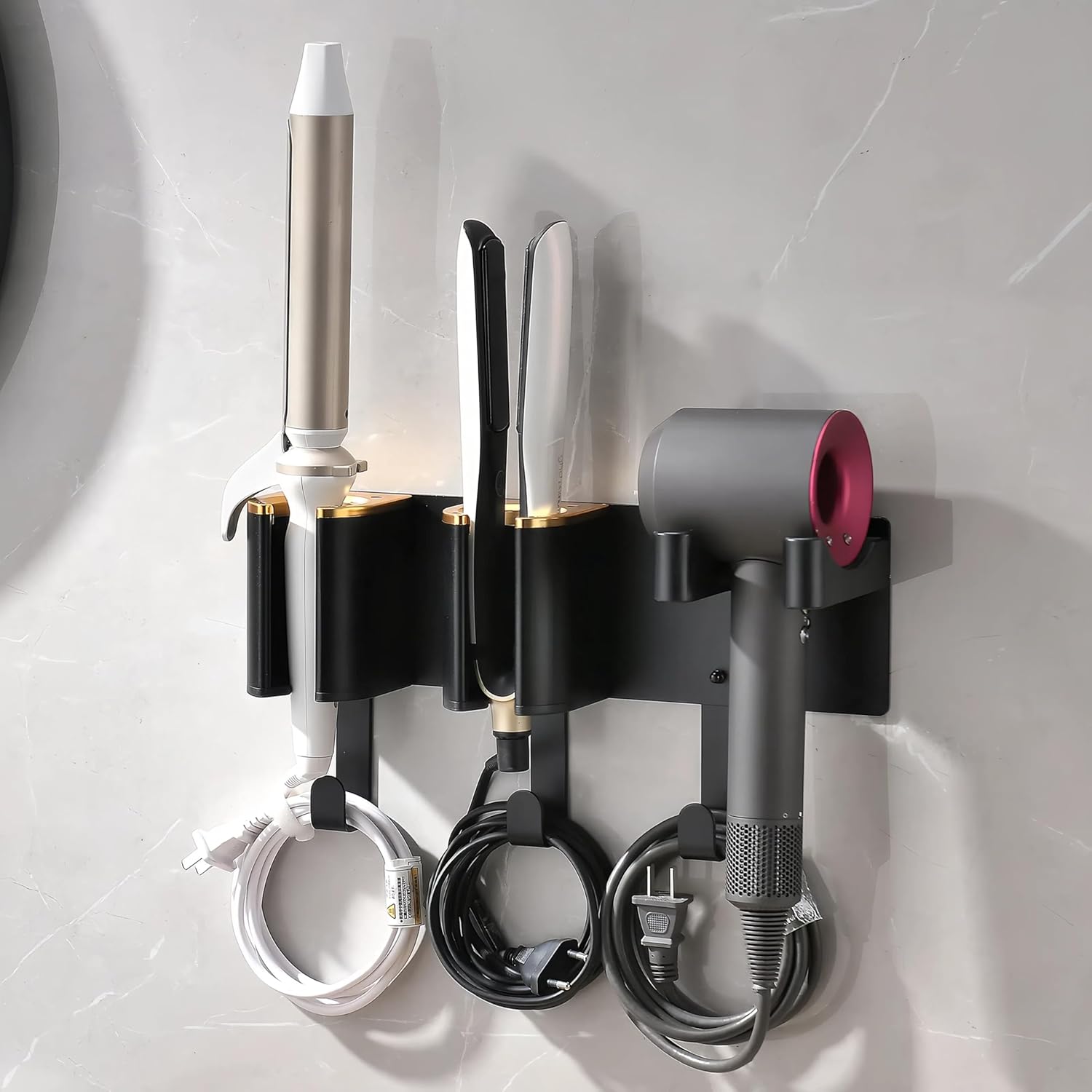 Hair Dryer Holder Wall Mount, Curling Iron Holder, 3 in 1 Hair Tool Organizer for Bathroom Vanity, Hair Straightener Holder, Aluminum Alloy Black