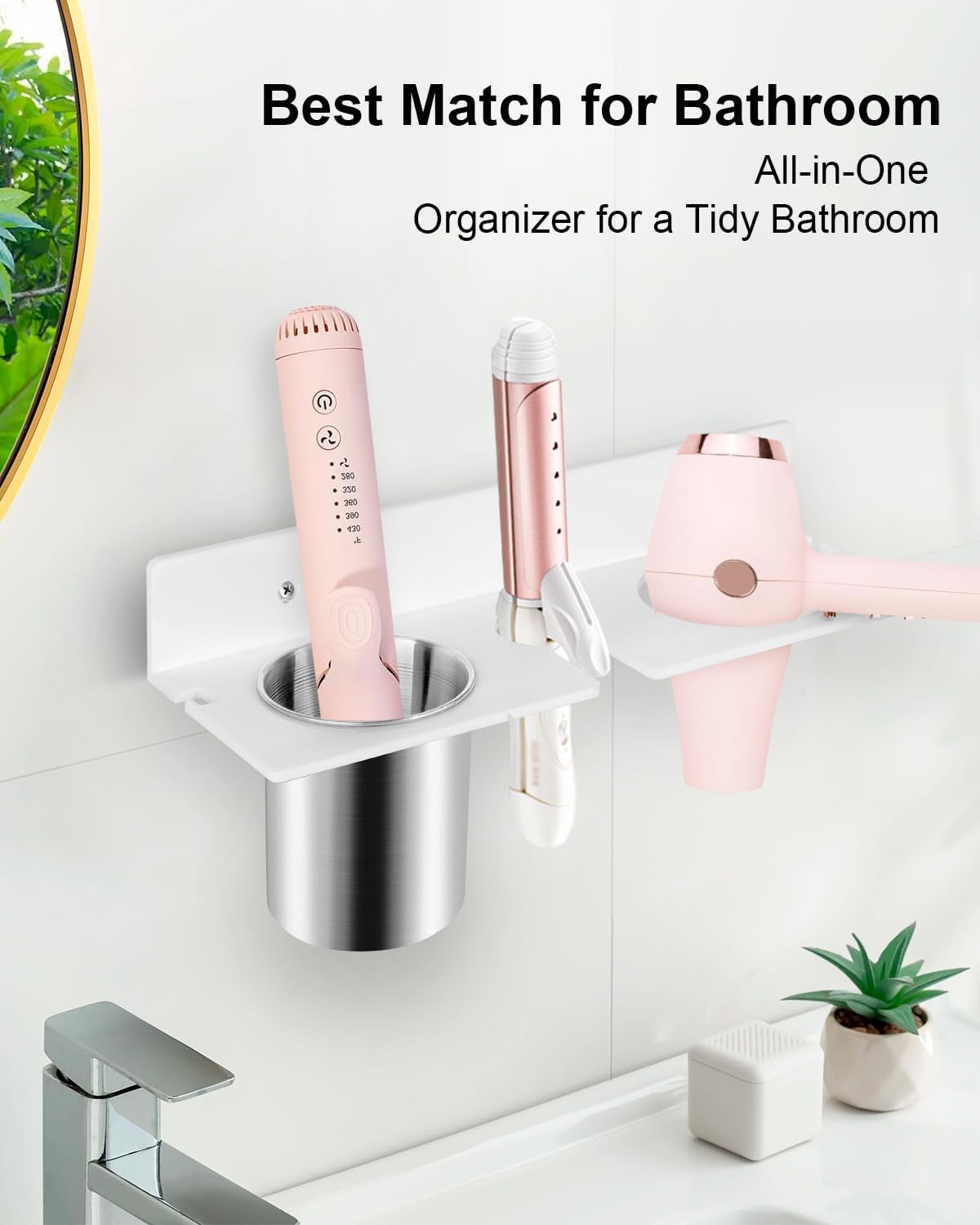 Hair Dryer Holder Wall Mount, Hair Tool Organizer with Heat-Resistant Steel Cups, Acrylic Blow Dryer Holder, Adhesive or Screw Mount for Bathroom Storage - Image 2