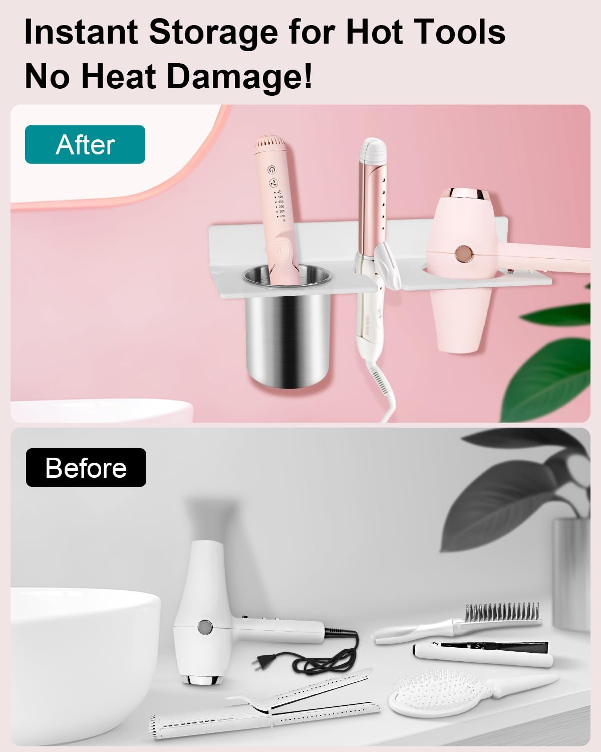 Hair Dryer Holder Wall Mount, Hair Tool Organizer with Heat-Resistant Steel Cups, Acrylic Blow Dryer Holder, Adhesive or Screw Mount for Bathroom Storage - Image 3