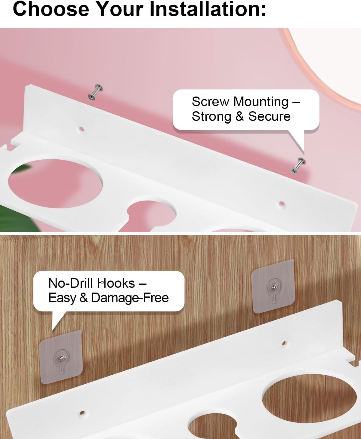 Hair Dryer Holder Wall Mount, Hair Tool Organizer with Heat-Resistant Steel Cups, Acrylic Blow Dryer Holder, Adhesive or Screw Mount for Bathroom Storage - Image 4