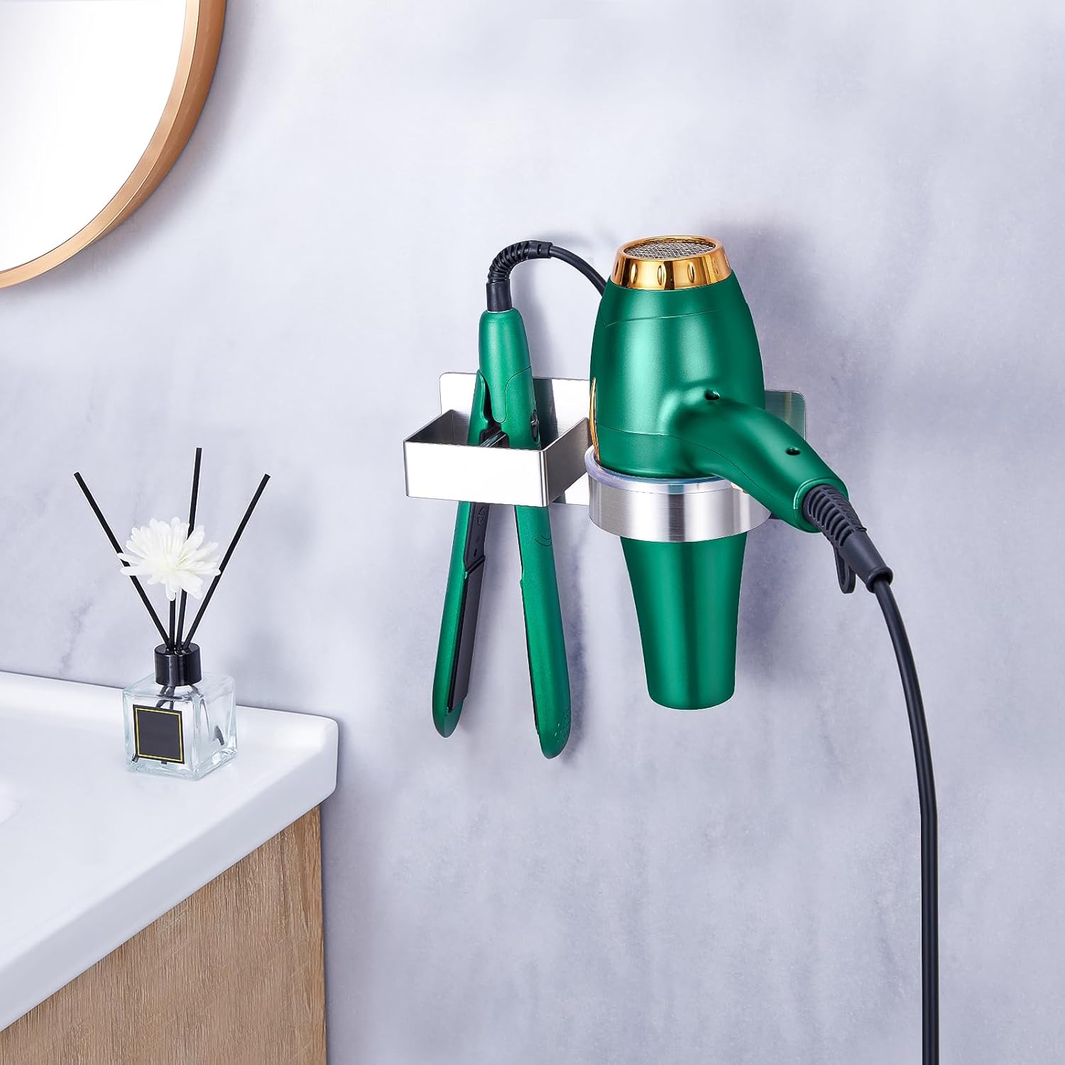 Hair Dryer Holder Wall Mount, Stainless Steel Straightener Holder, Adhesive Blow Dryer Holder and Curling Iron Holder Storage, Hair Tools Organizer for Bathroom Barber Shop Hotel - Image 3