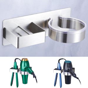 Hair Dryer Holder Wall Mount, Stainless Steel Straightener Holder, Adhesive Blow Dryer Holder and Curling Iron Holder Storage, Hair Tools Organizer for Bathroom Barber Shop Hotel