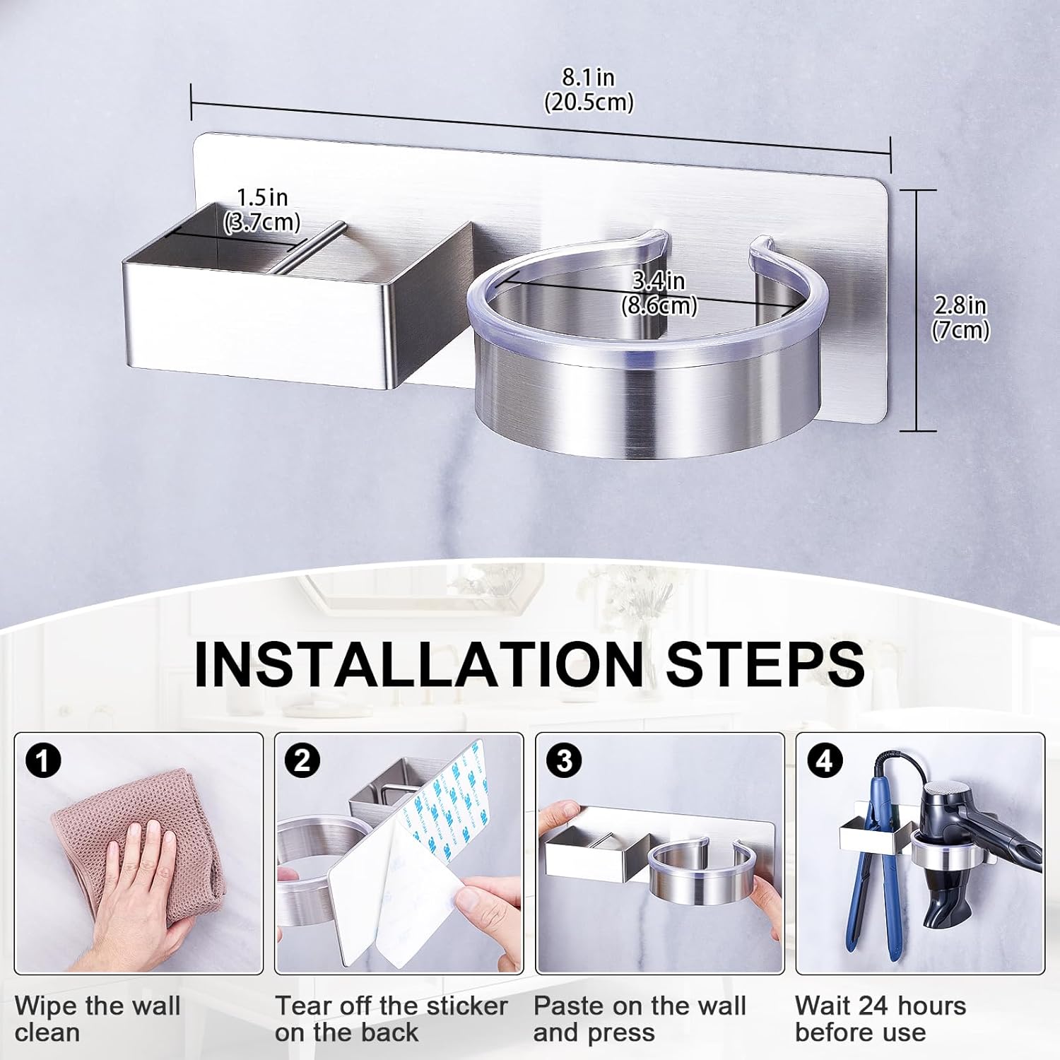 Hair Dryer Holder Wall Mount, Stainless Steel Straightener Holder, Adhesive Blow Dryer Holder and Curling Iron Holder Storage, Hair Tools Organizer for Bathroom Barber Shop Hotel - Image 9