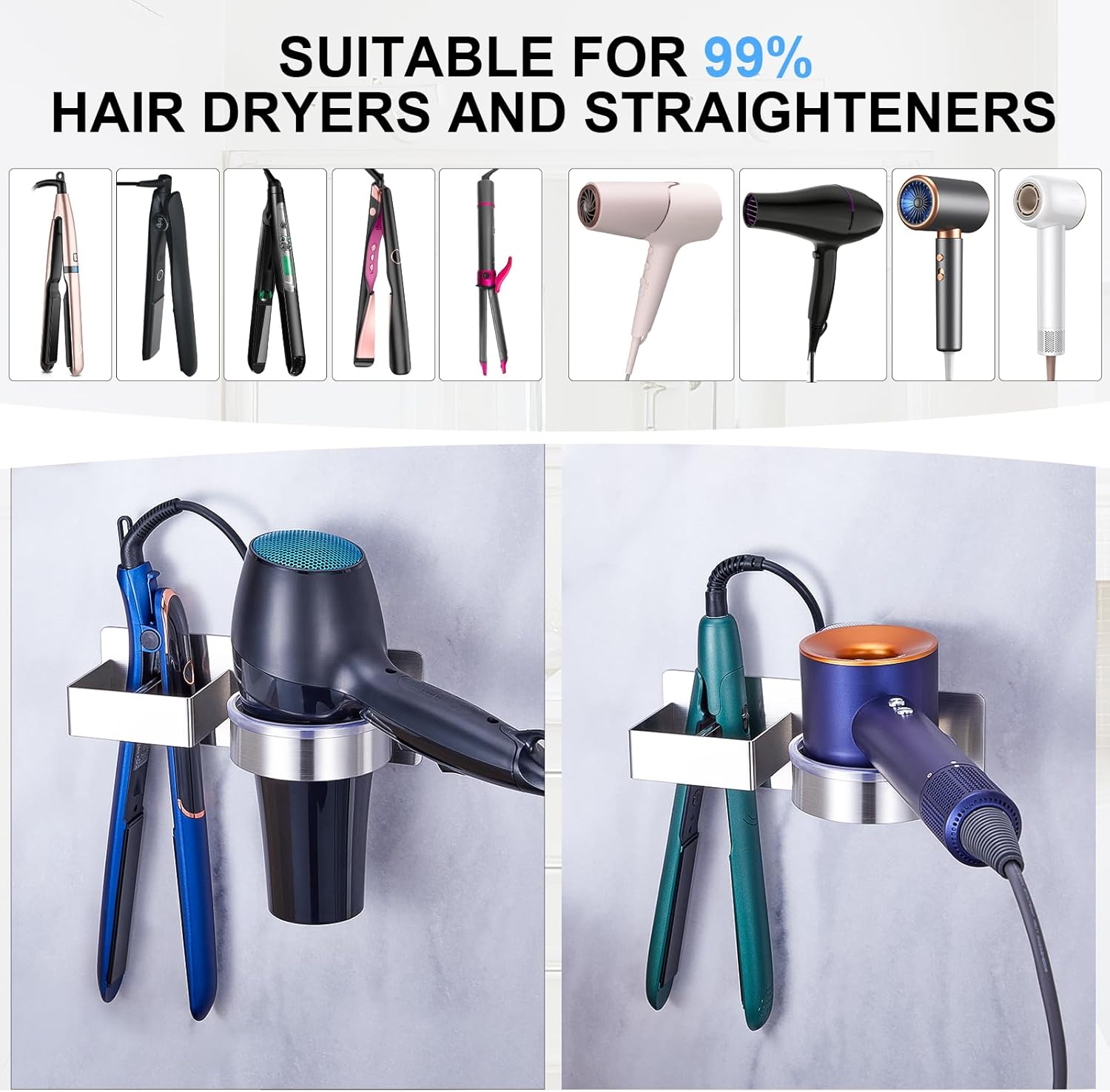 Hair Dryer Holder Wall Mount, Stainless Steel Straightener Holder, Adhesive Blow Dryer Holder and Curling Iron Holder Storage, Hair Tools Organizer for Bathroom Barber Shop Hotel - Image 7