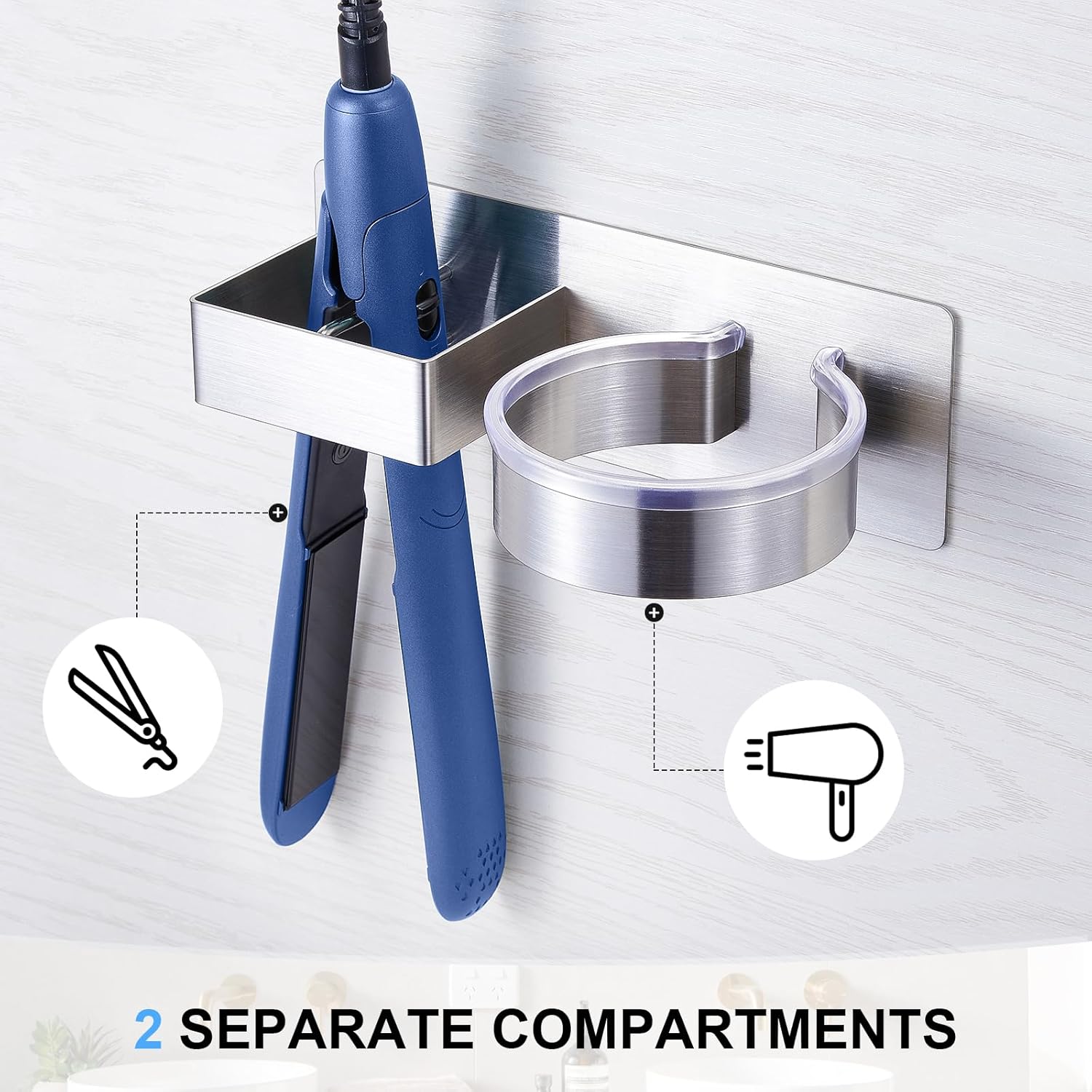 Hair Dryer Holder Wall Mount, Stainless Steel Straightener Holder, Adhesive Blow Dryer Holder and Curling Iron Holder Storage, Hair Tools Organizer for Bathroom Barber Shop Hotel - Image 8