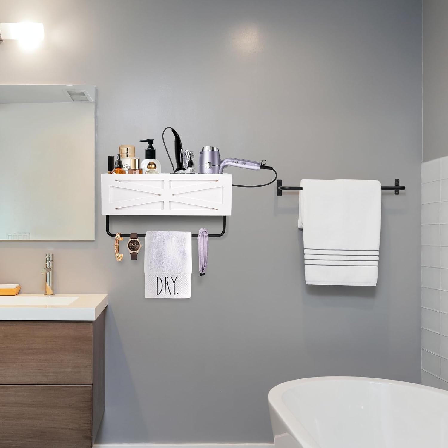 Hair Dryer Holder Wall Mount, Wood Hair Tool Organizer, White Hot Tools Organizer with 2 Towel Bars, Rustic Bathroom Organizer Blow Dryer Holder for Bathroom Decor, Flat Iron, Curling Wand, Brushes - Image 4