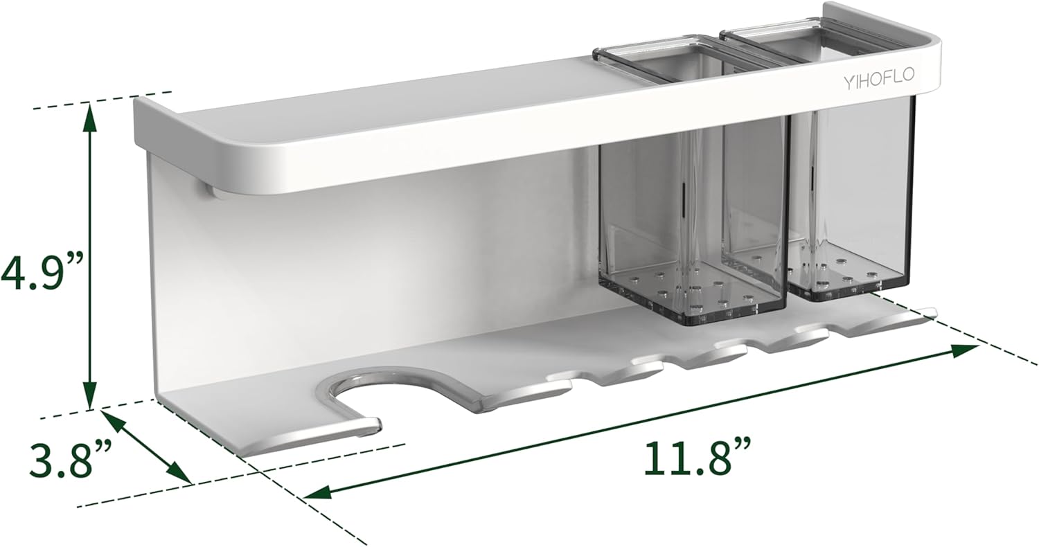 Hair Dryer Holder Wall Mounted Adhesive/Drilling, Storage Organizer With Shelf & Hooks, Rack for Bathroom, Blow Dryer Holder, Tool Organizer (White) - Image 5